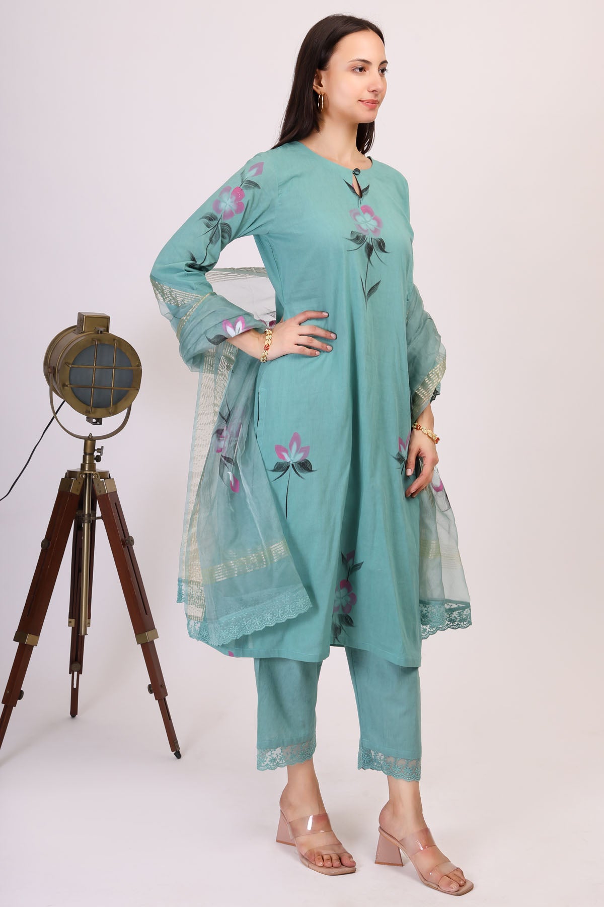 Teal Hand Painted Kurta Set