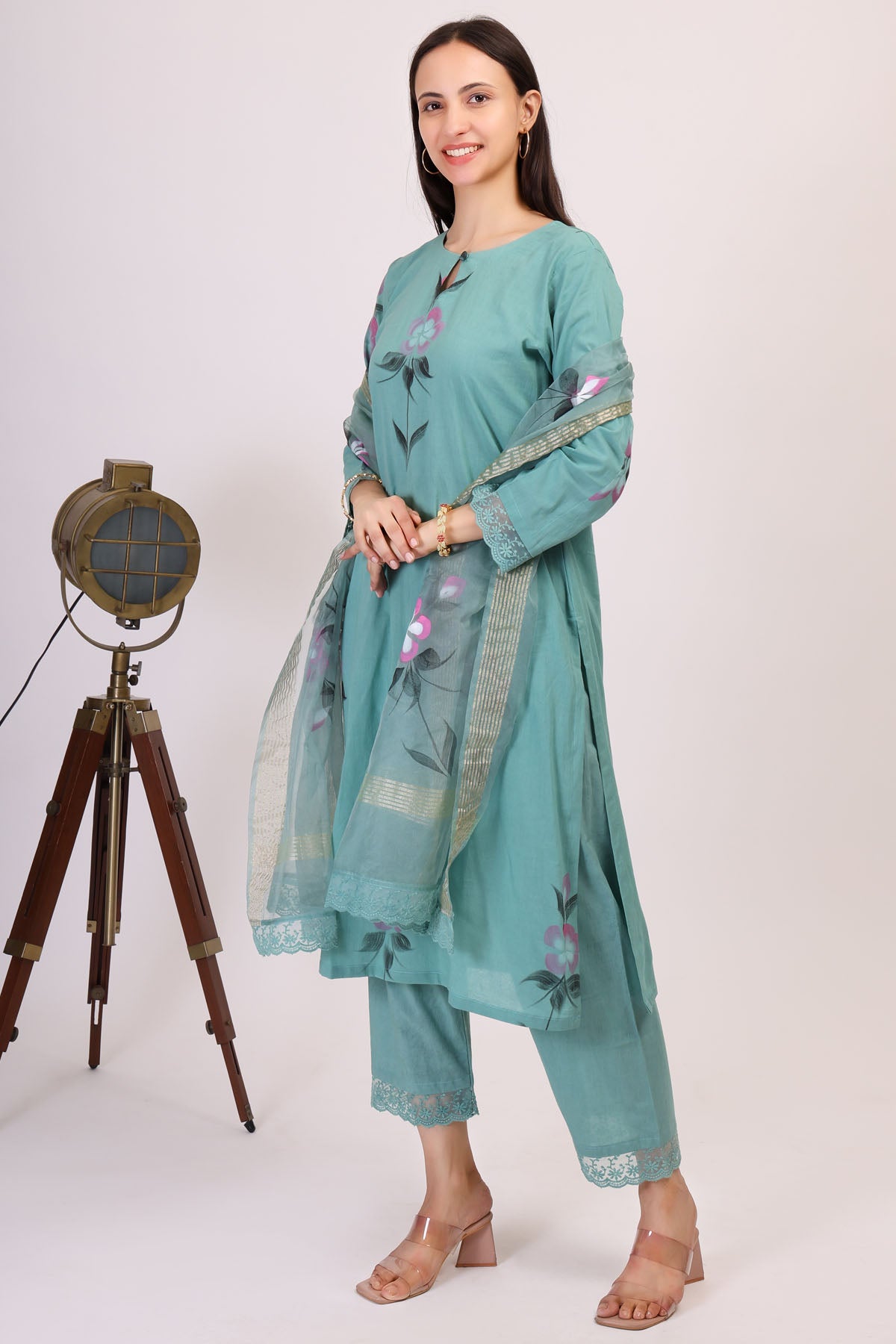 Teal Hand Painted Kurta Set