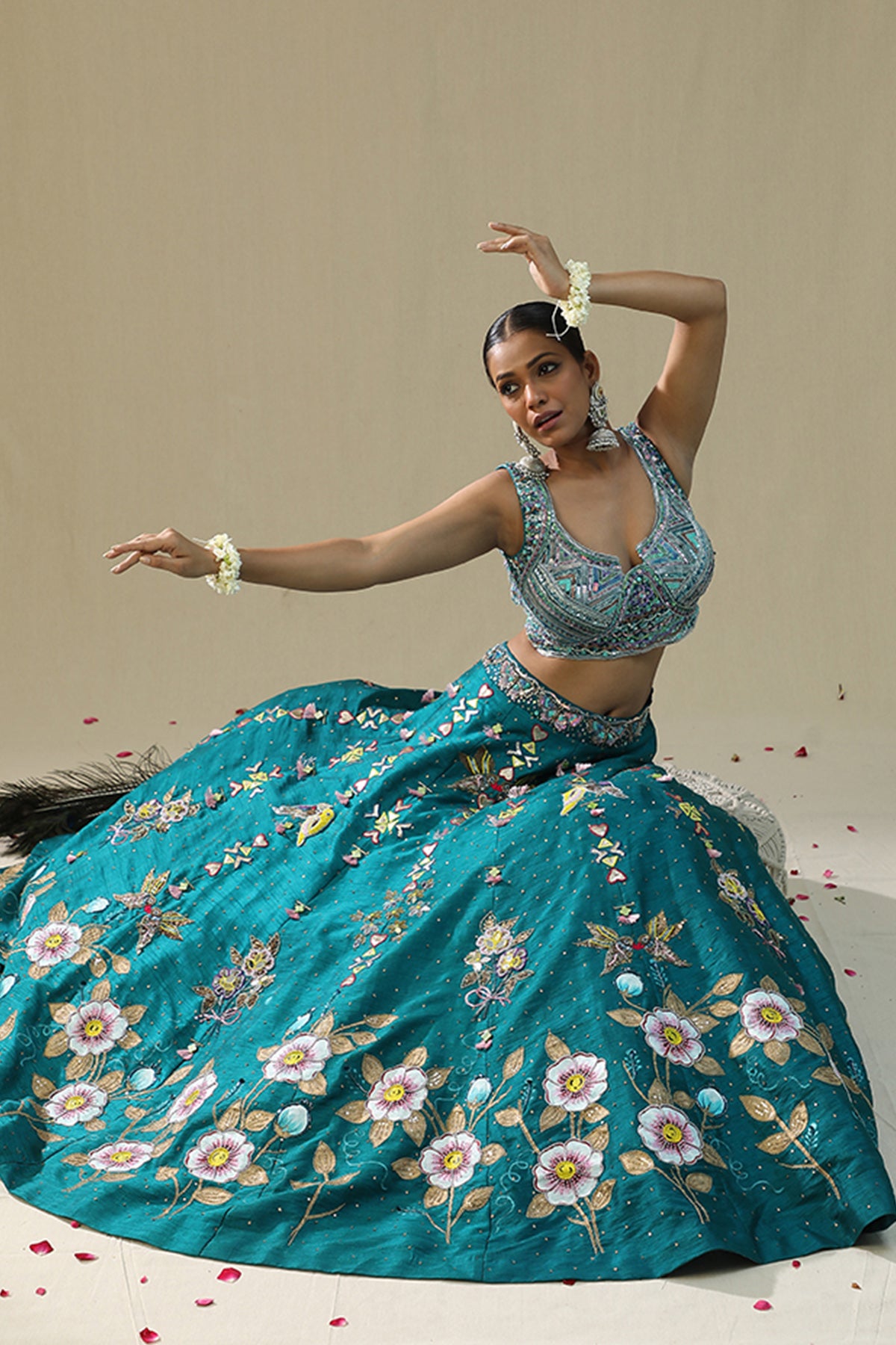 Teal Handpainted Lehenga Set