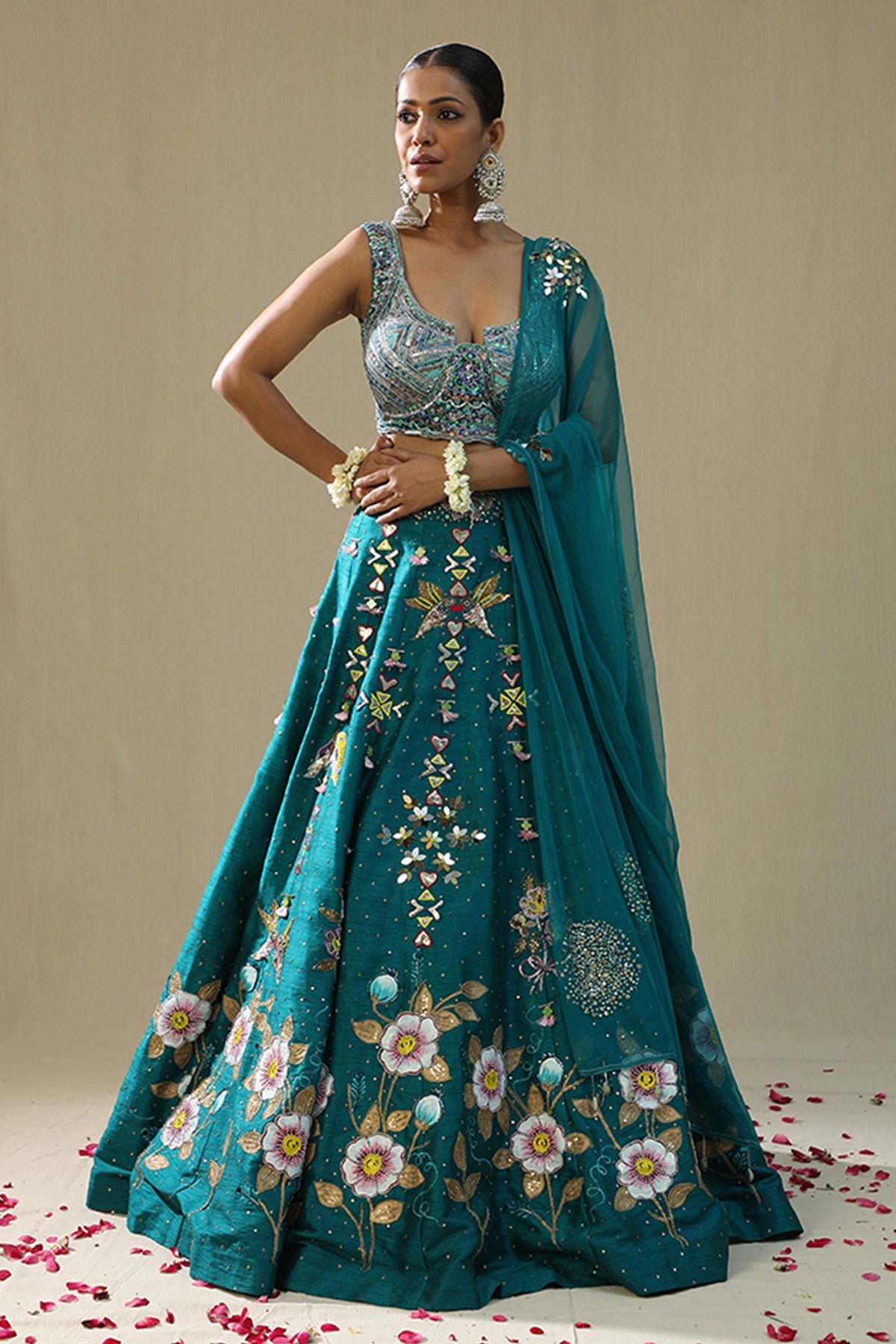 Buy Teal Handpainted Lehenga Set by Arpita Sulakshana for women online at ScrollnShops