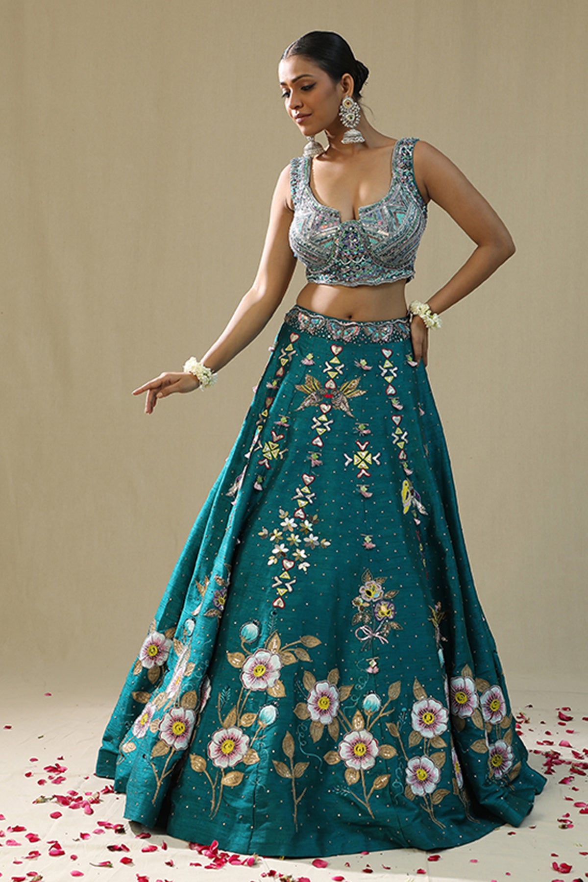 Teal Handpainted Lehenga Set