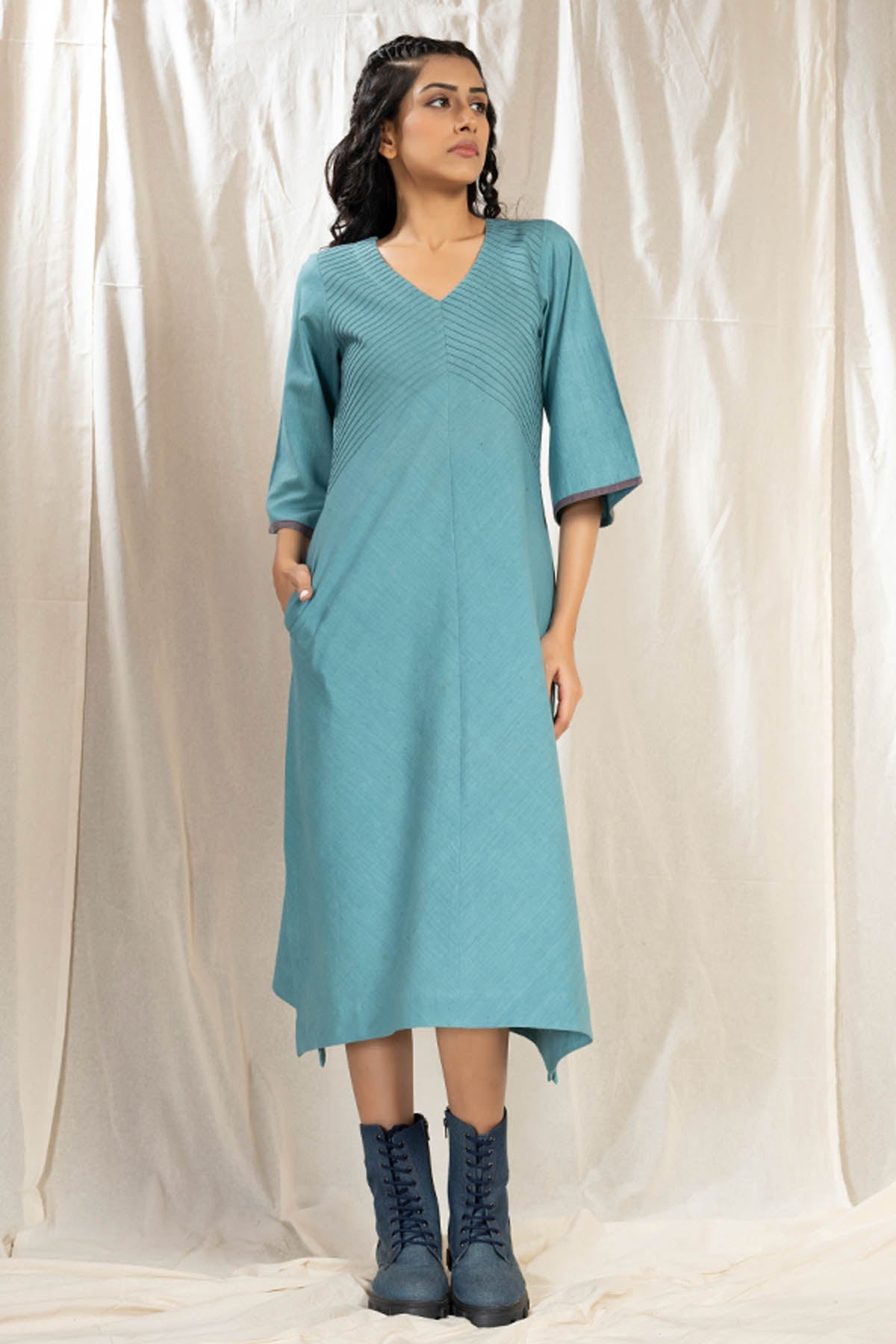 Thread Game Teal Khadi Pintuck Midi Dress for women online at ScrollnShops