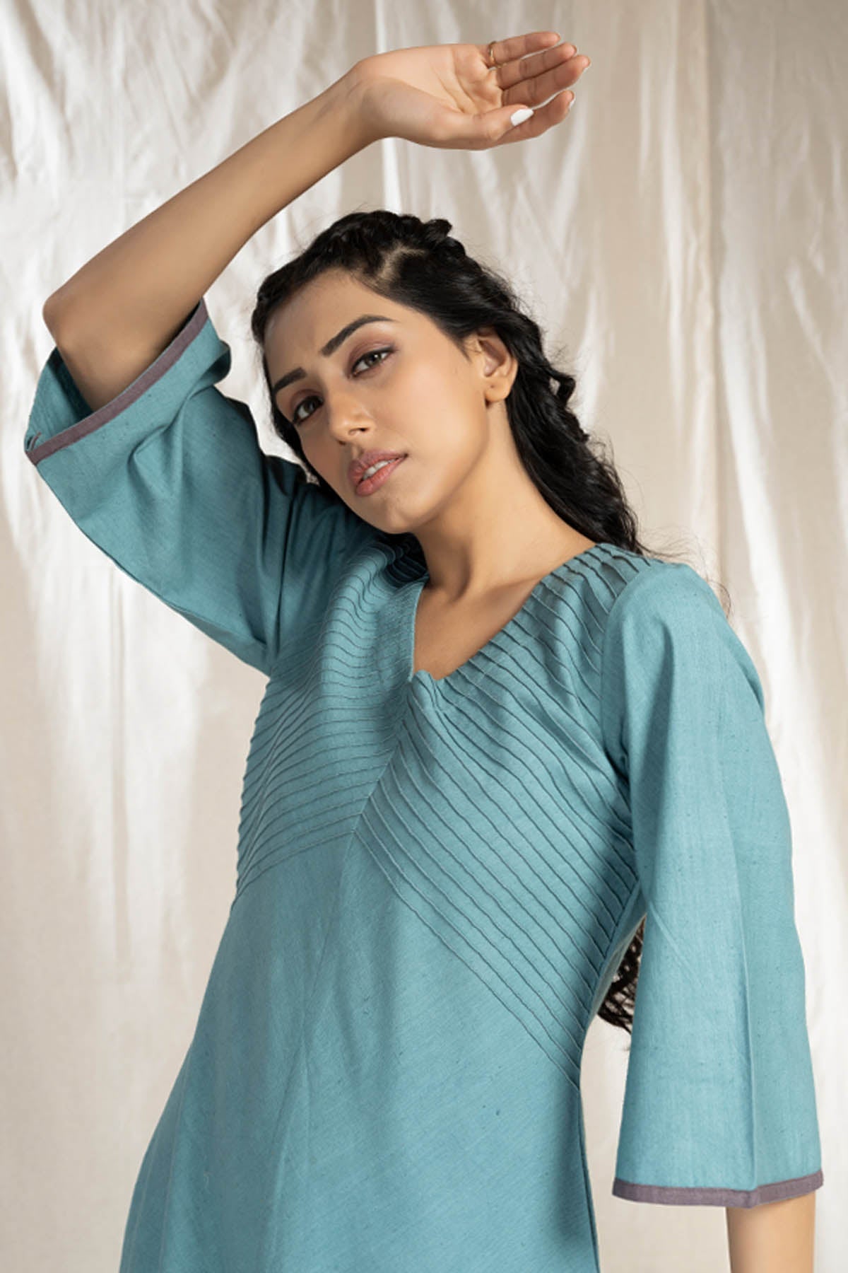 Teal handwoven Cotton Pintuck Midi Dress