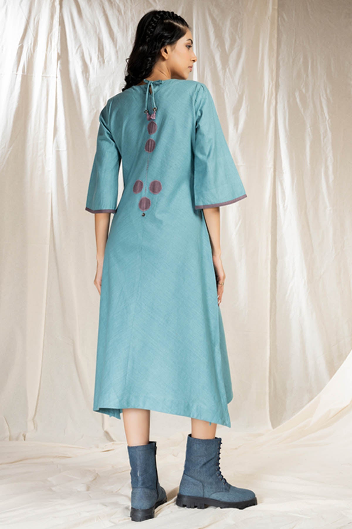 Teal handwoven Cotton Pintuck Midi Dress