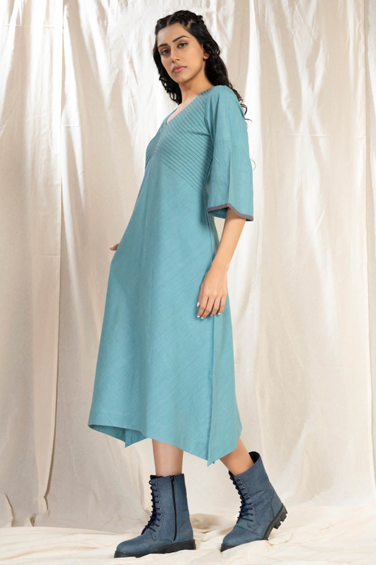 Teal handwoven Cotton Pintuck Midi Dress