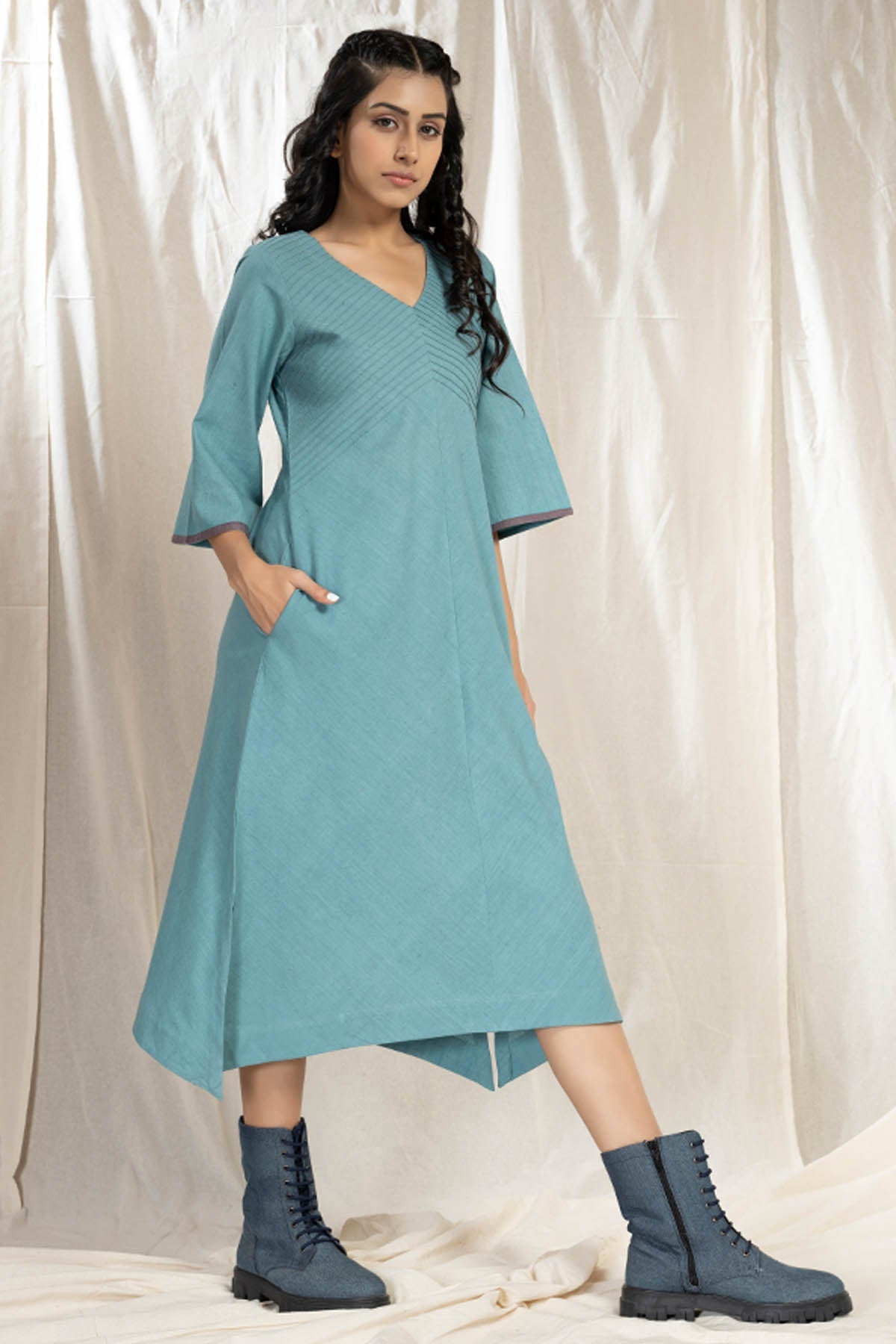 Teal handwoven Cotton Pintuck Midi Dress