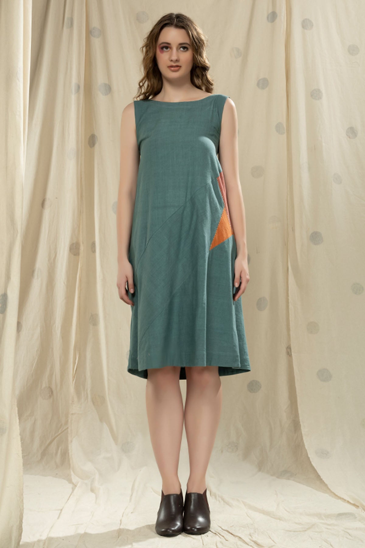 Buy Thread Game Teal Khadi Sleeveless Dress For Women online at ScrollnShops