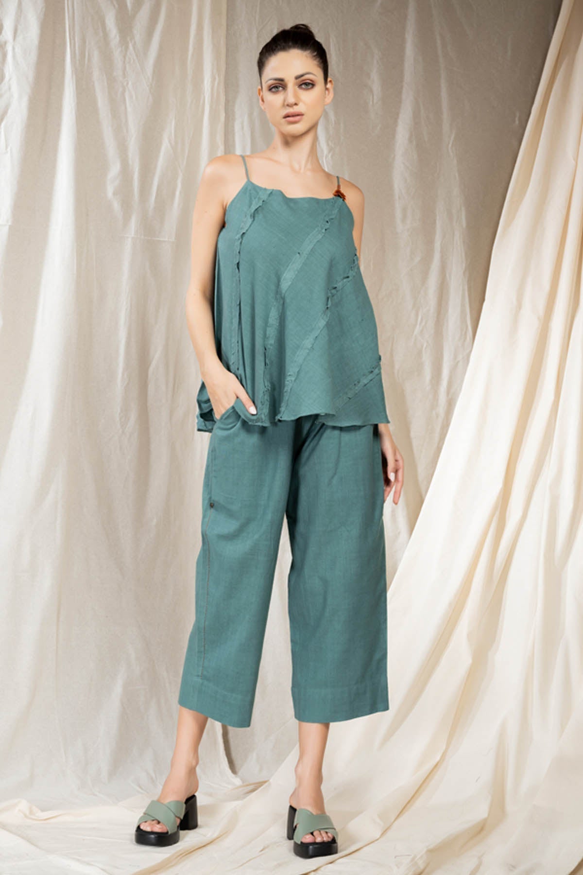 Thread Game Teal Handwoven Cotton Spaghetti Co-ord Set for women online at ScrollnShops