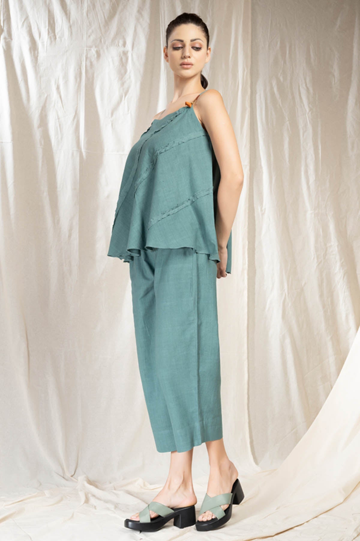 Teal handwoven Cotton Spaghetti Co-ord Set