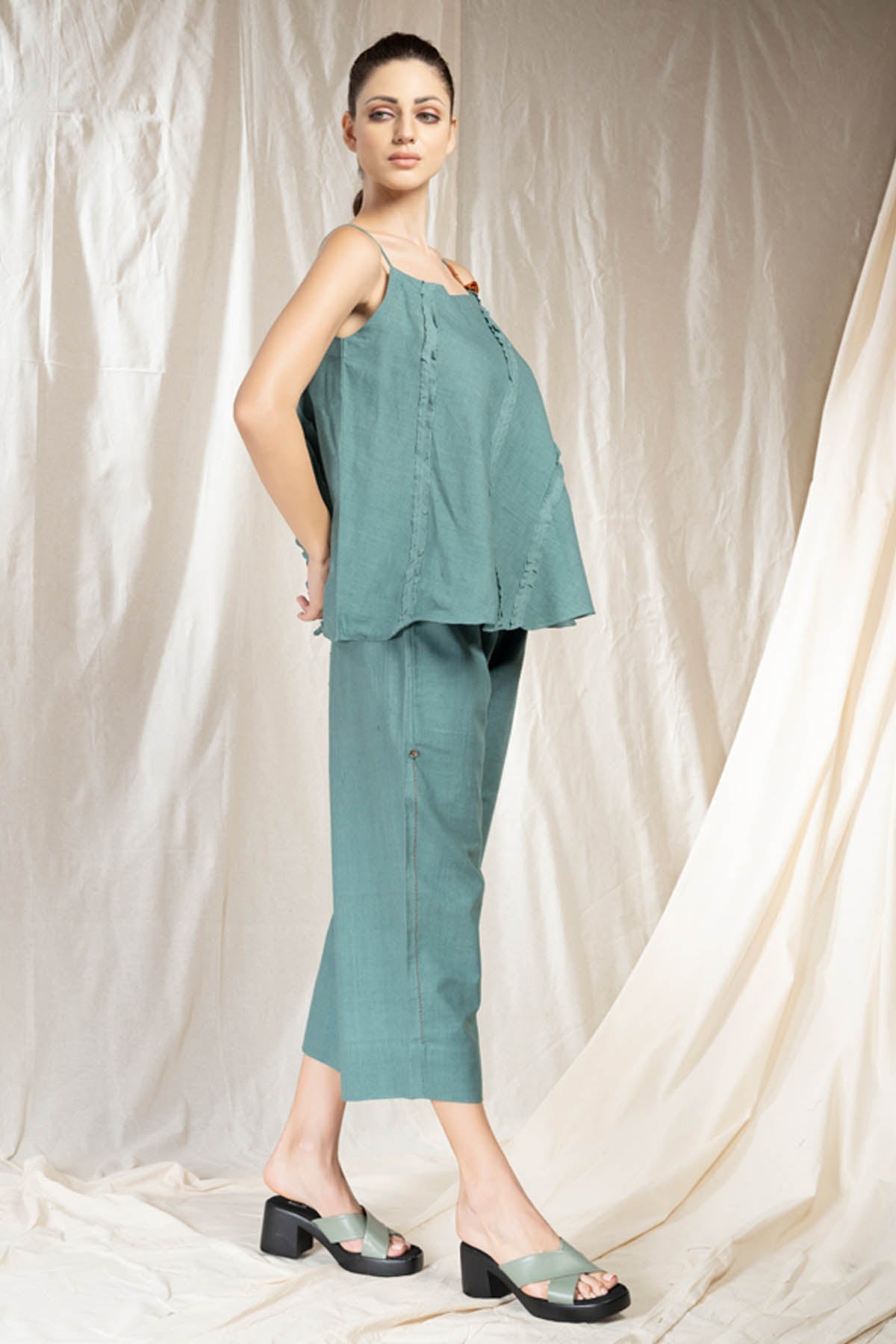 Teal handwoven Cotton Spaghetti Co-ord Set