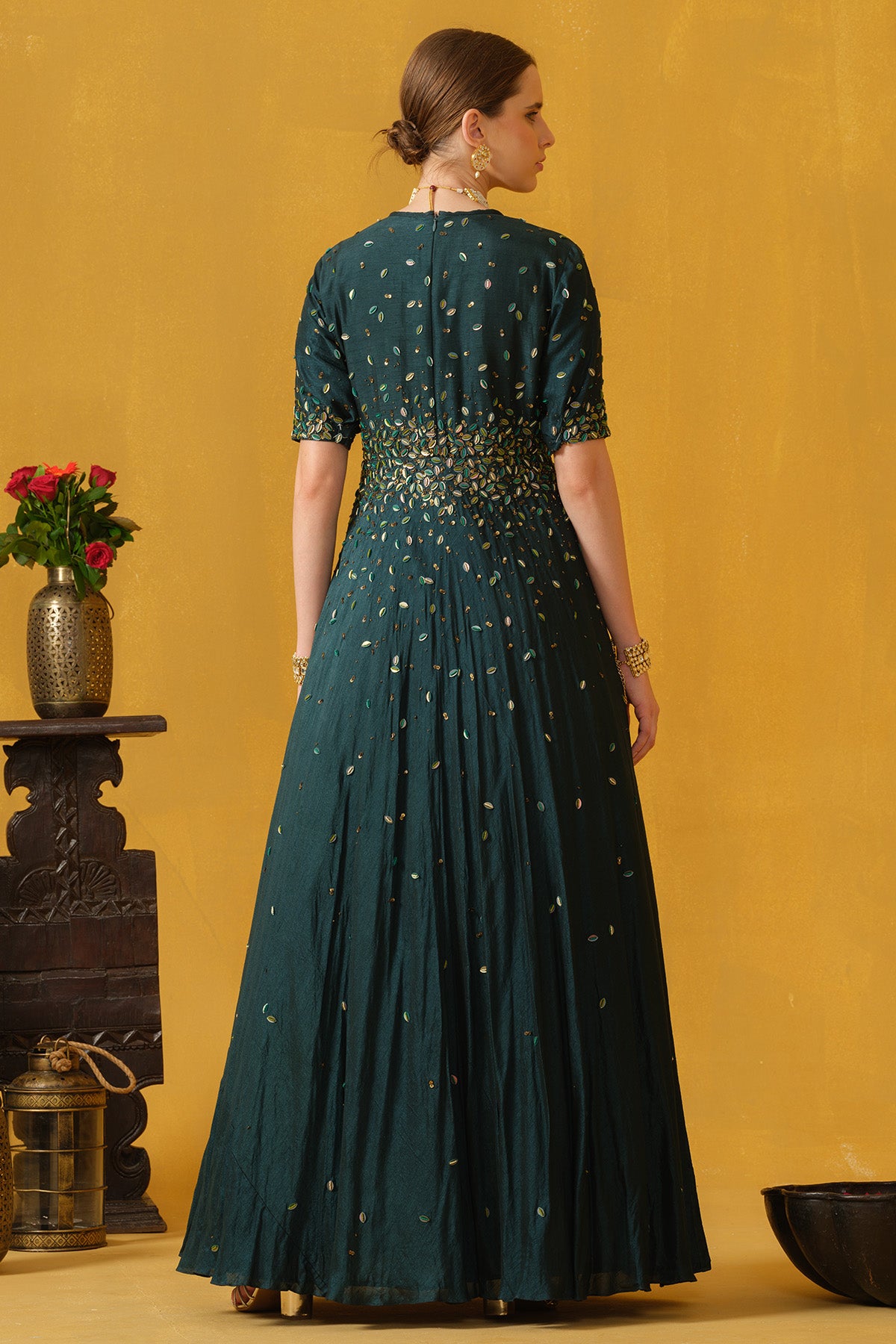 Teal Leaf Shaped Sequins Gown