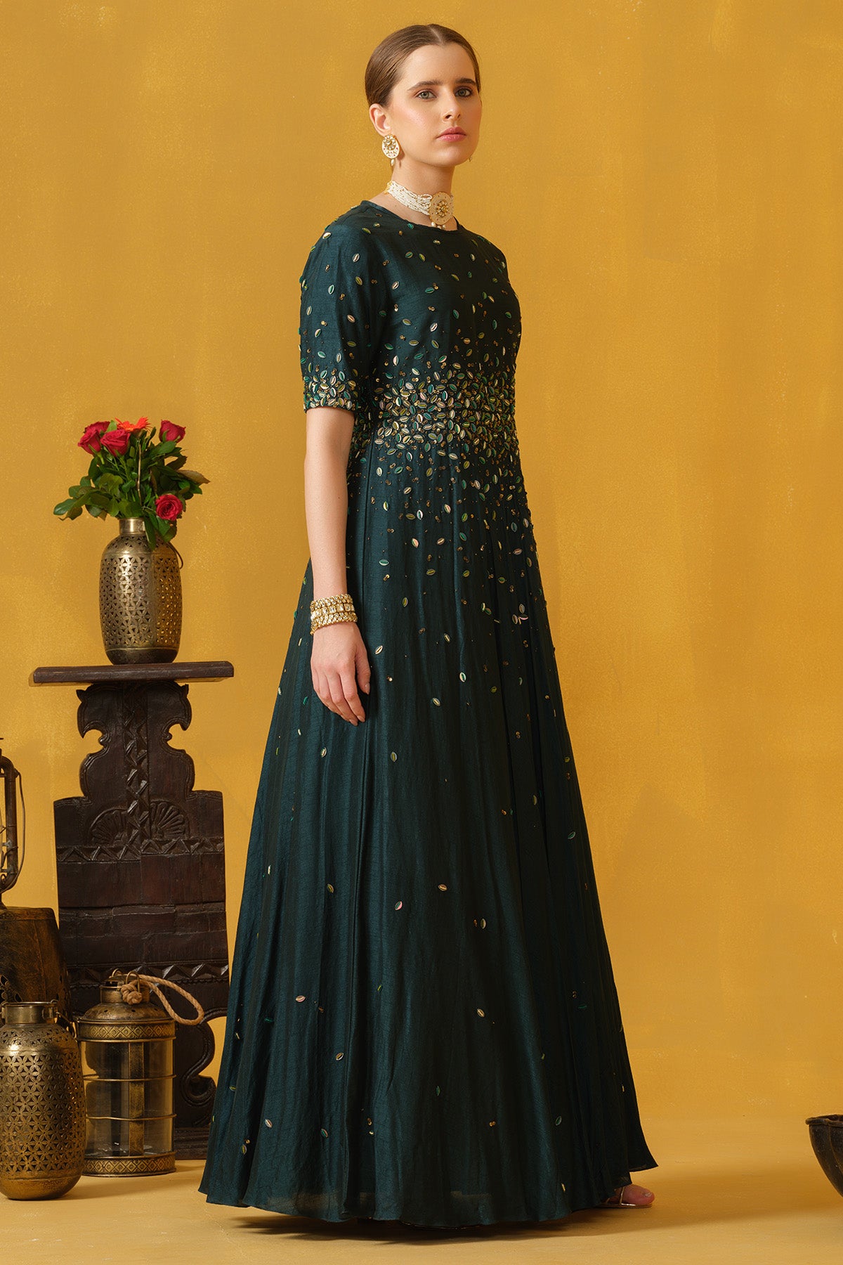 Teal Leaf Shaped Sequins Gown