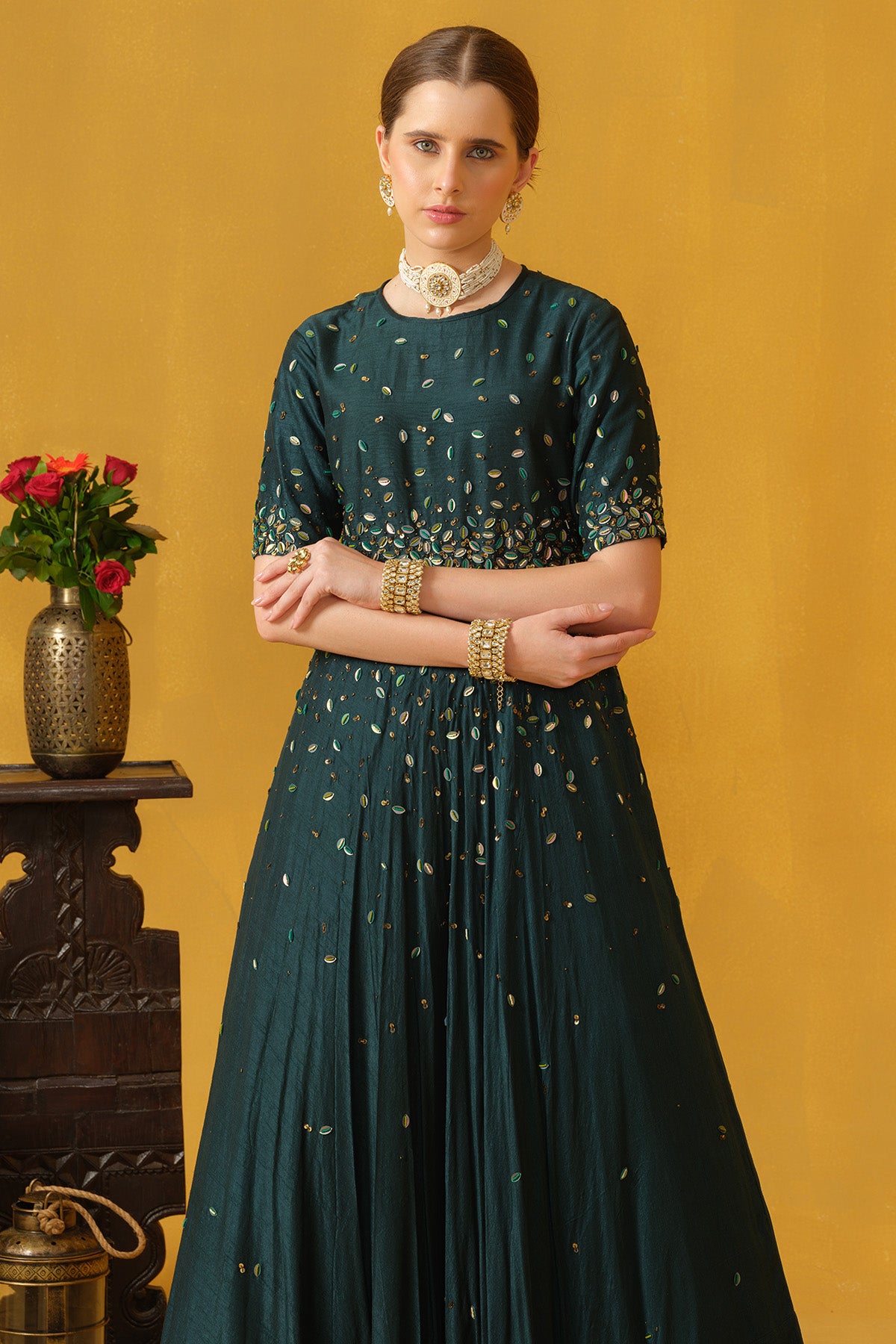 Teal Leaf Shaped Sequins Gown