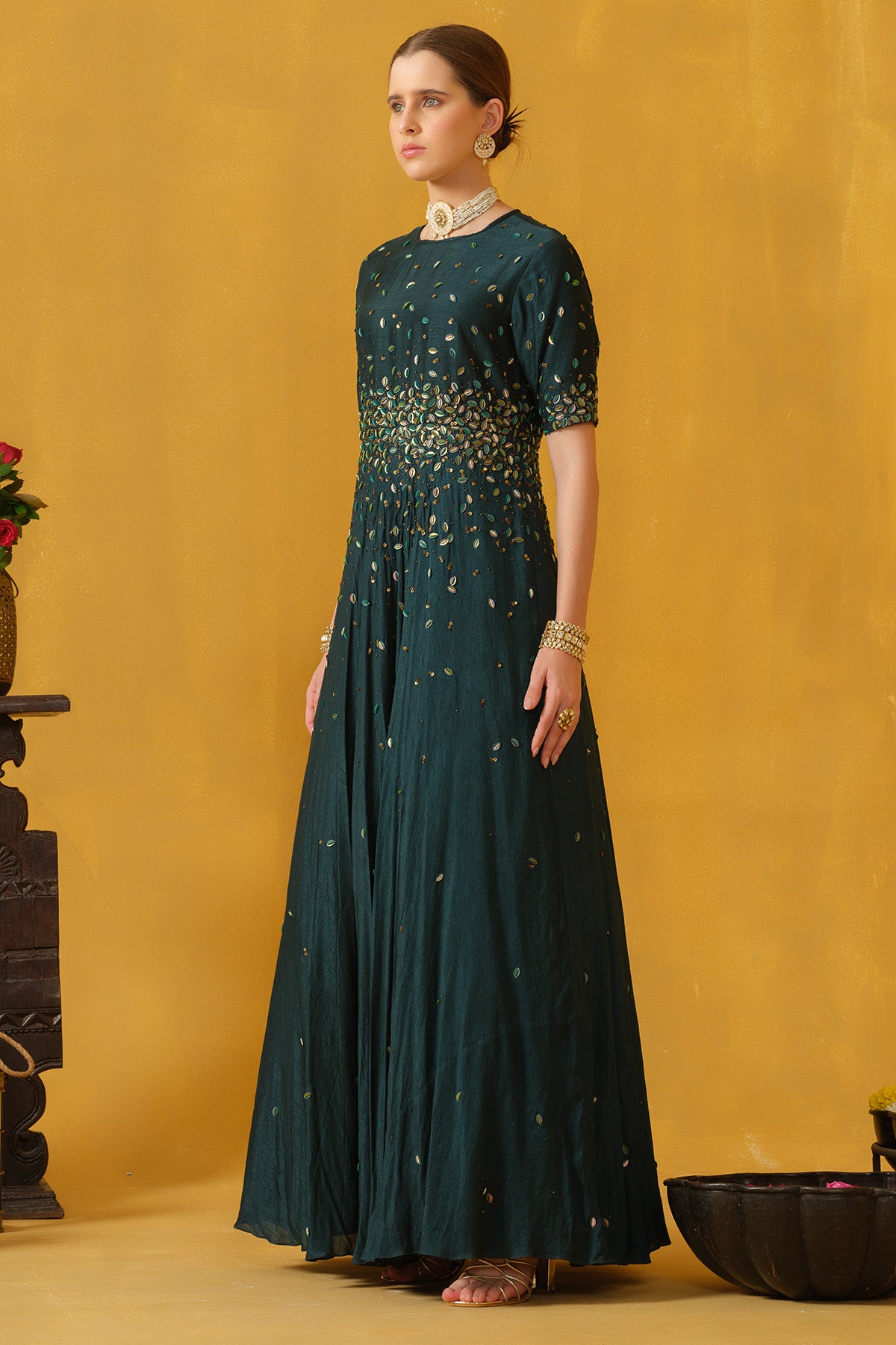 Teal Leaf Shaped Sequins Gown