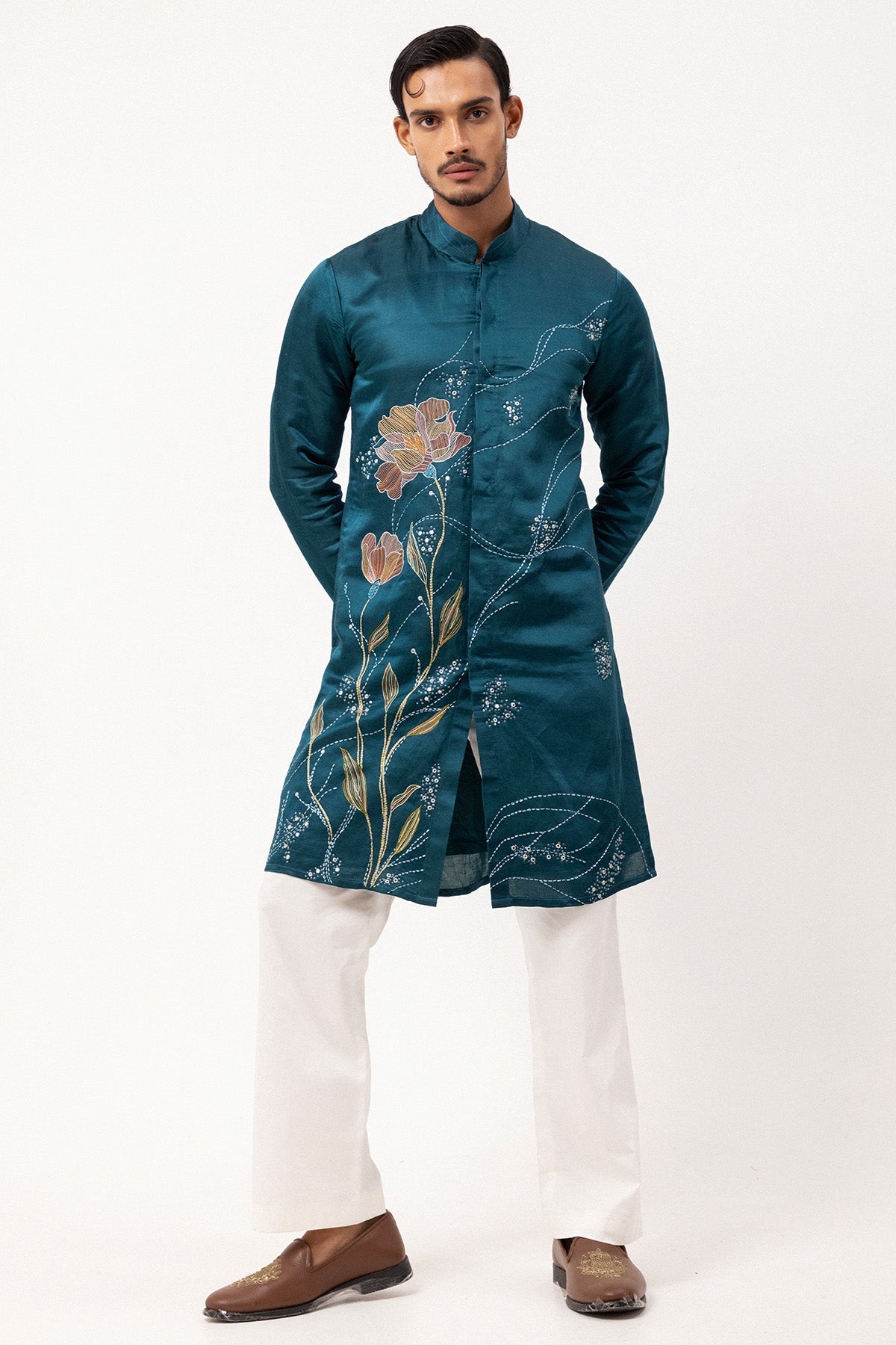 Buy Teal Linen Satin Floral Kurta for men by Paarsh Atelier online available at scrollnshops