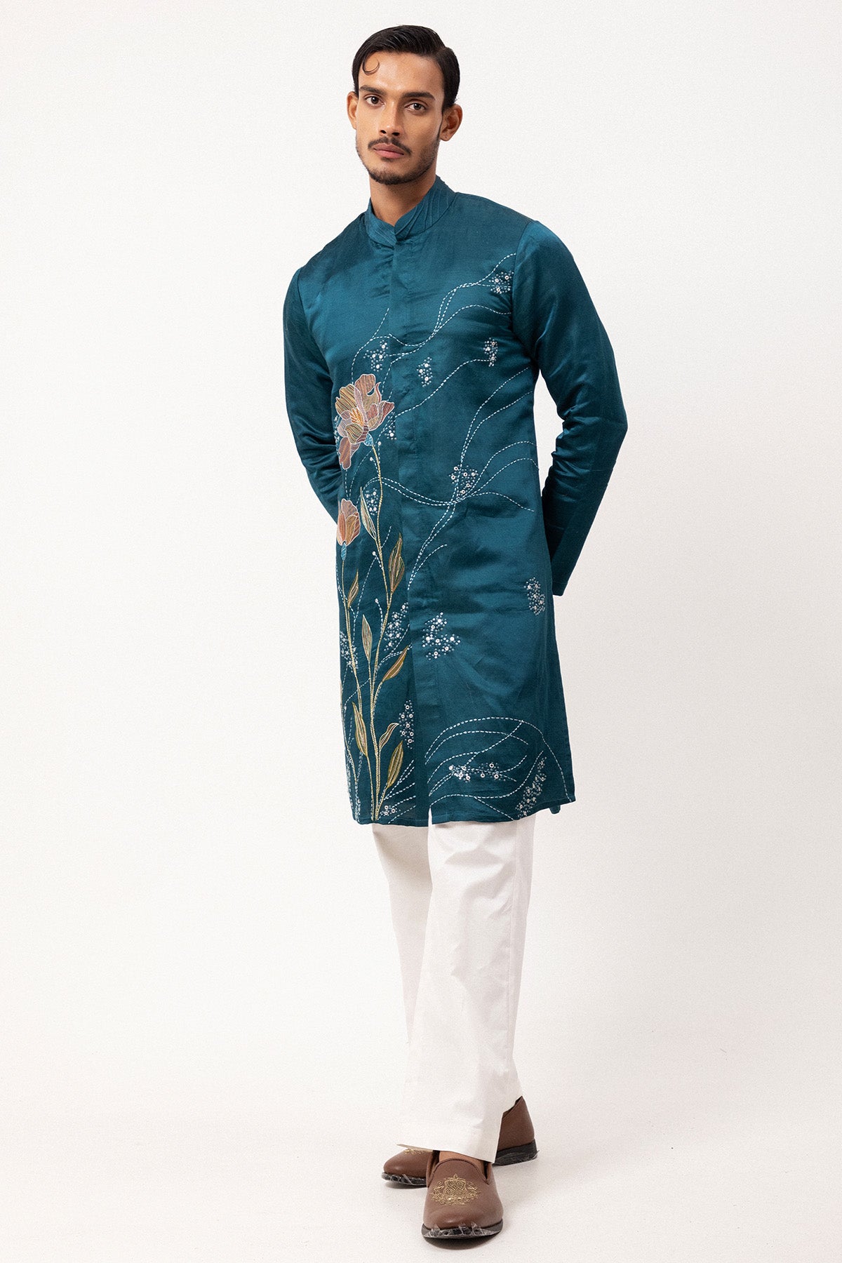 Teal Linen Satin Floral Kurta