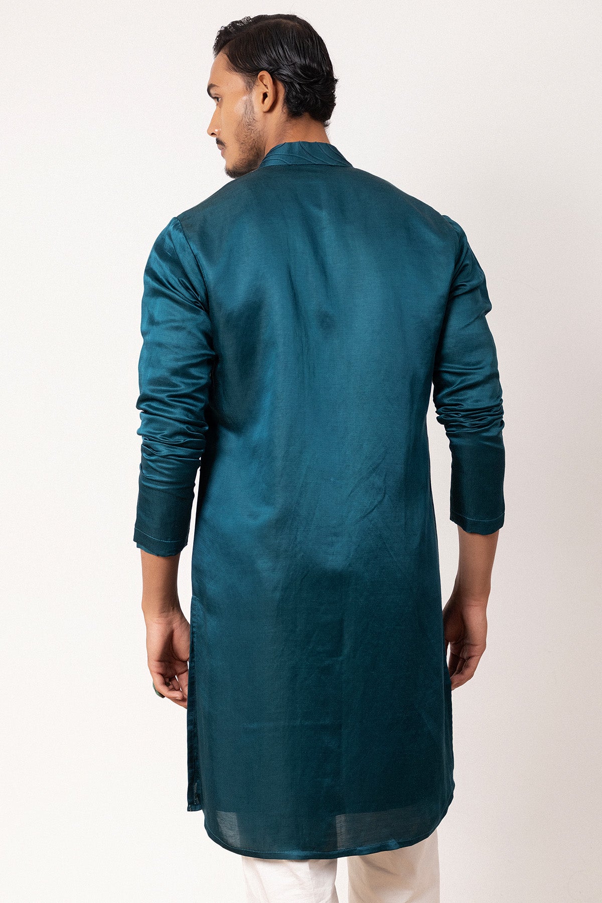 Teal Linen Satin Floral Kurta