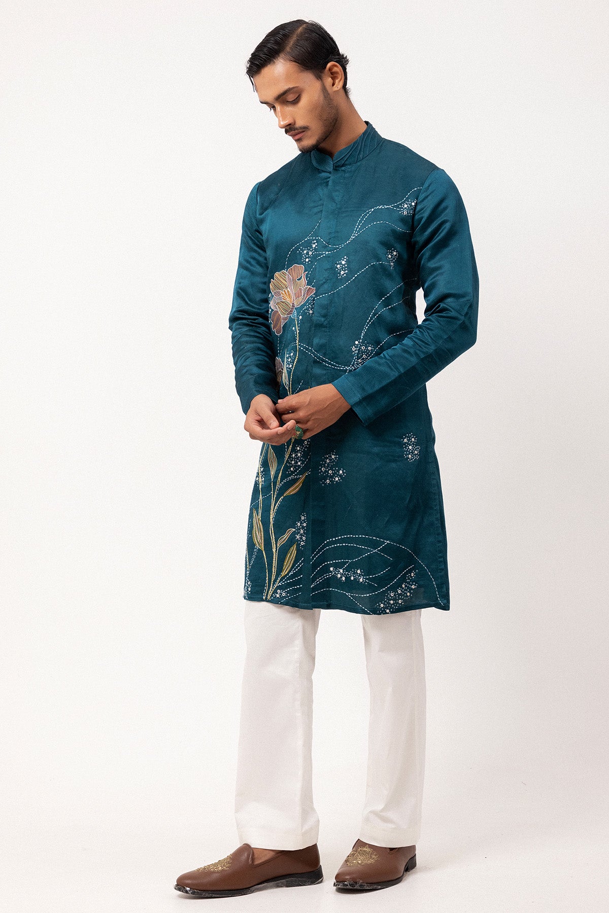 Teal Linen Satin Floral Kurta