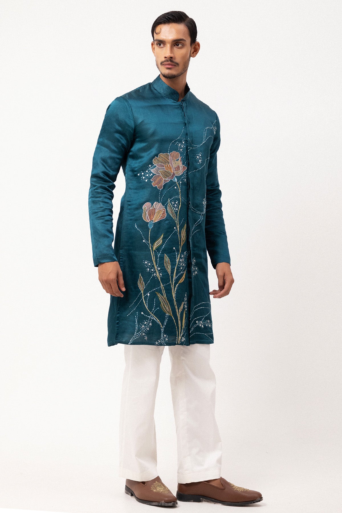 Teal Linen Satin Floral Kurta