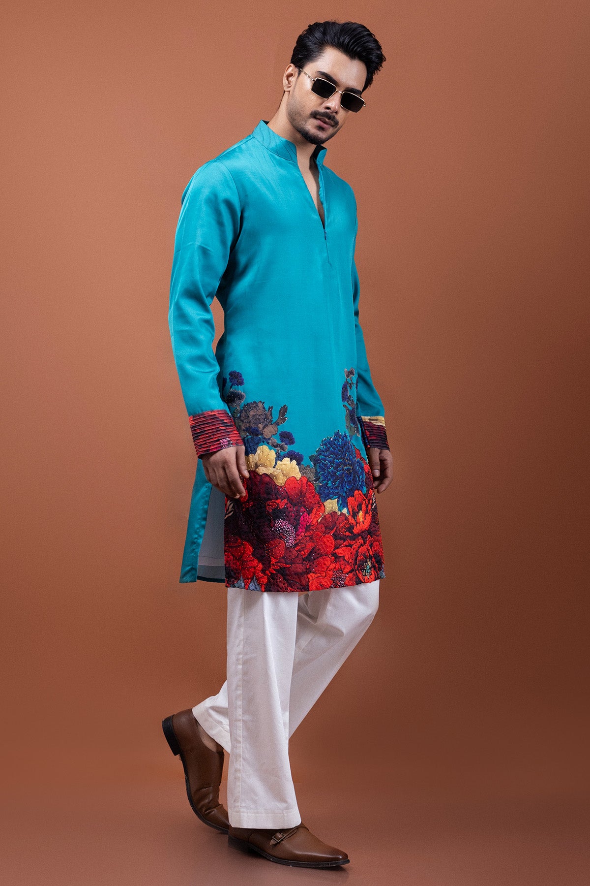 Teal Modal Satin Floral Kurta