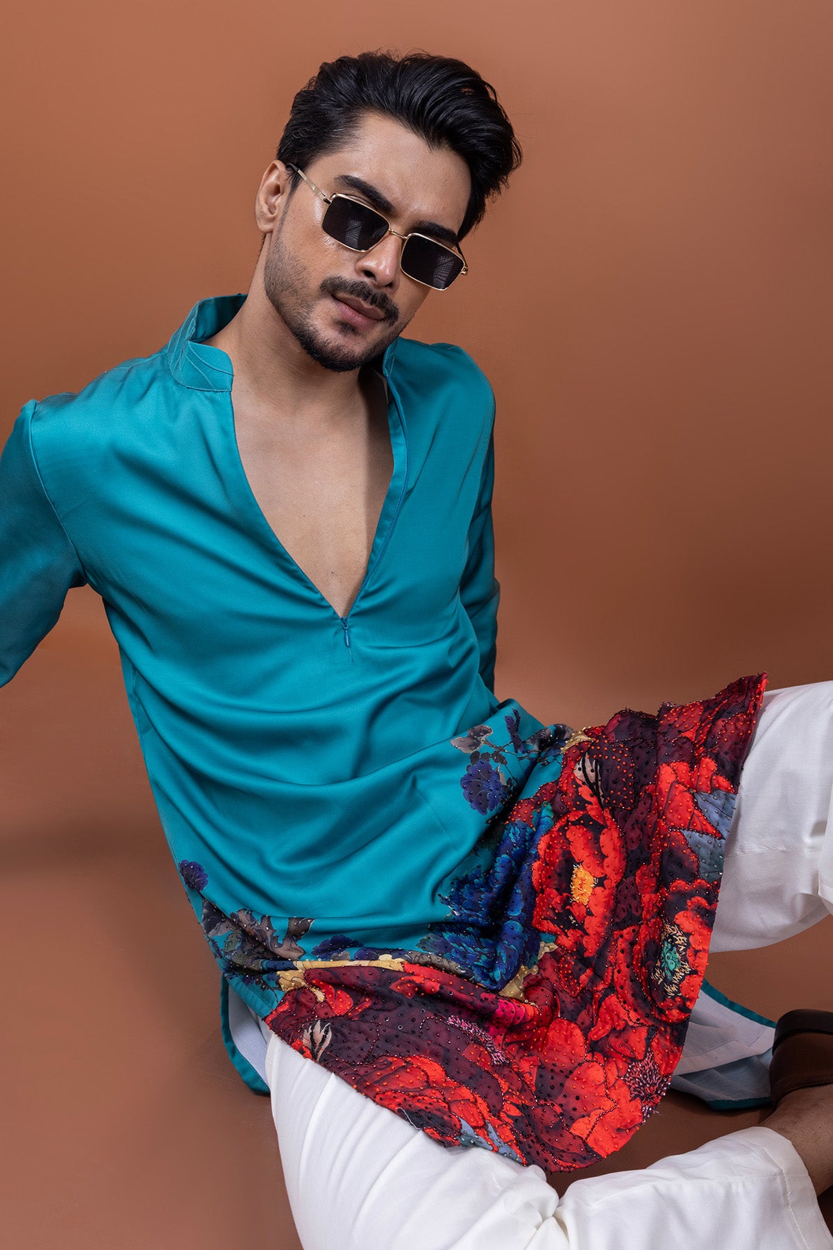Teal Modal Satin Floral Kurta