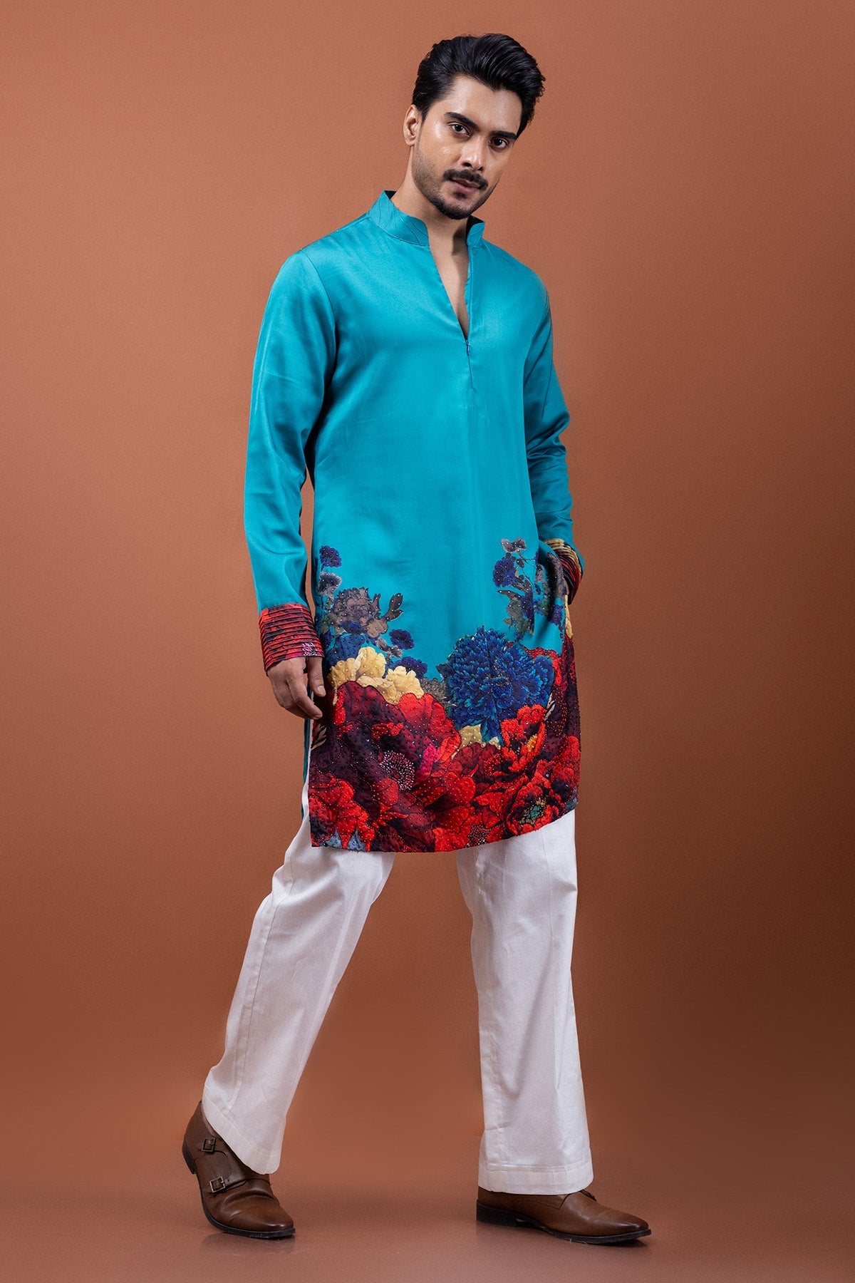 Buy Teal Modal Satin Floral Kurta for men by Paarsh Atelier online available at scrollnshops