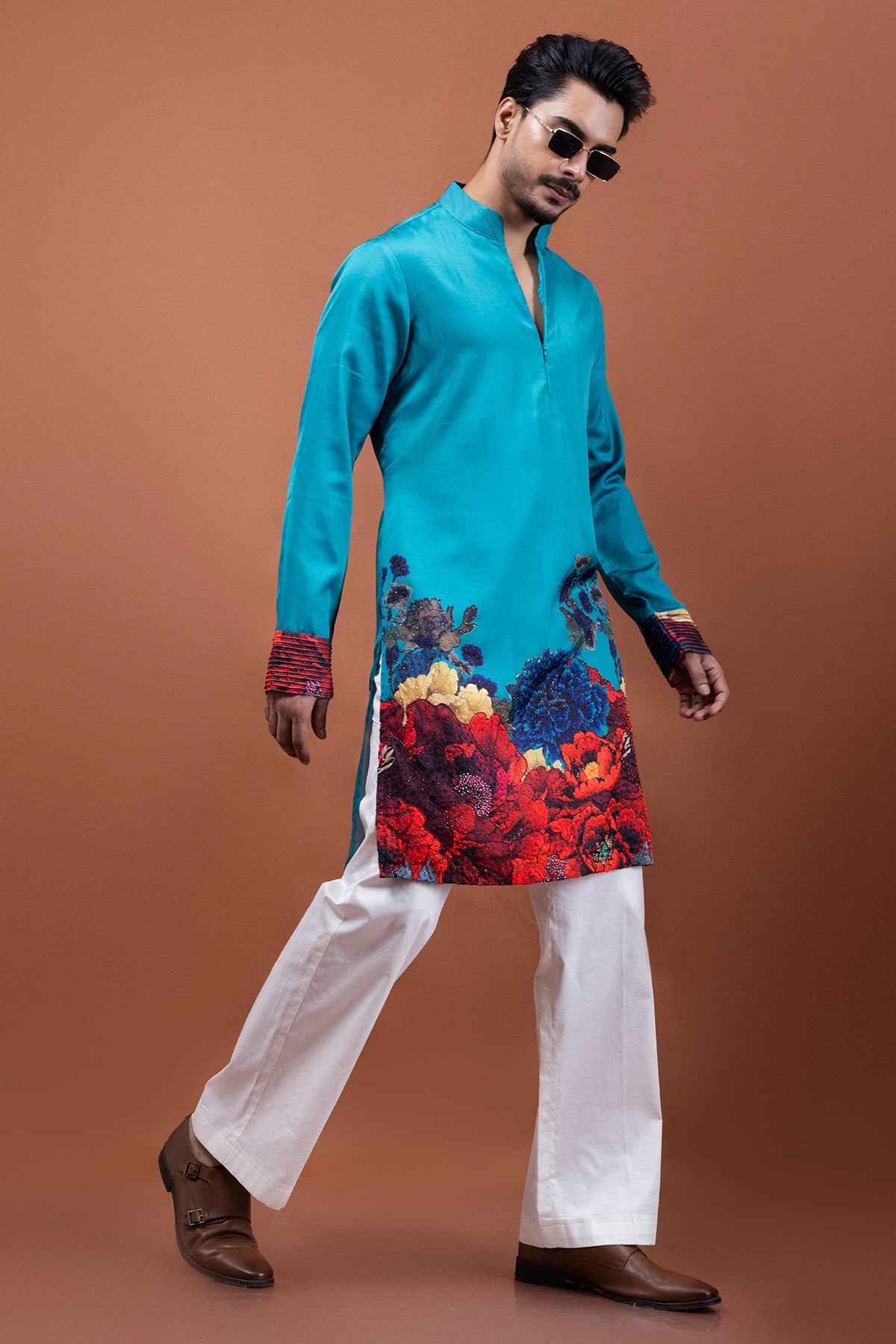 Teal Modal Satin Floral Kurta