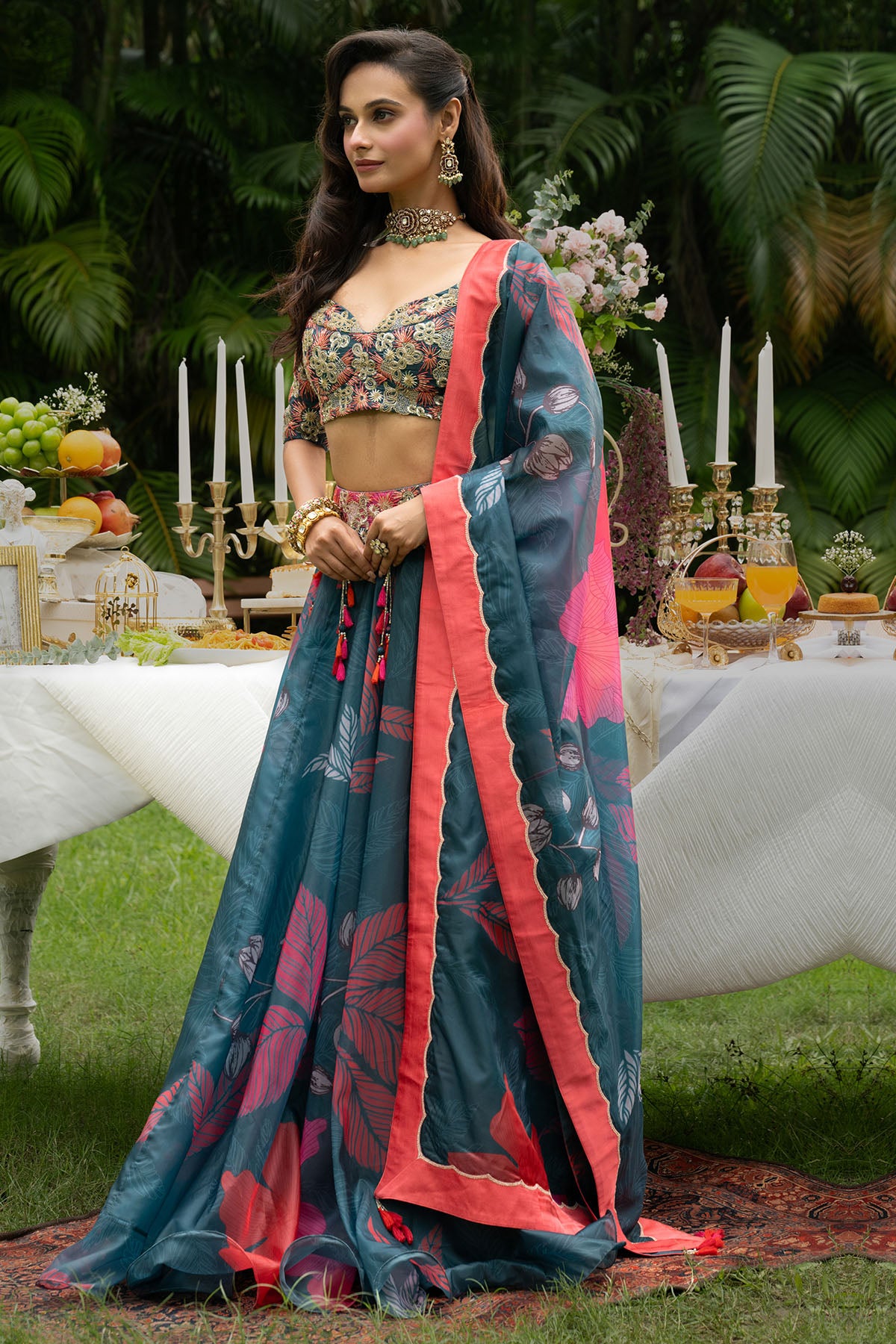 Teal Organza Floral Lehenga Set