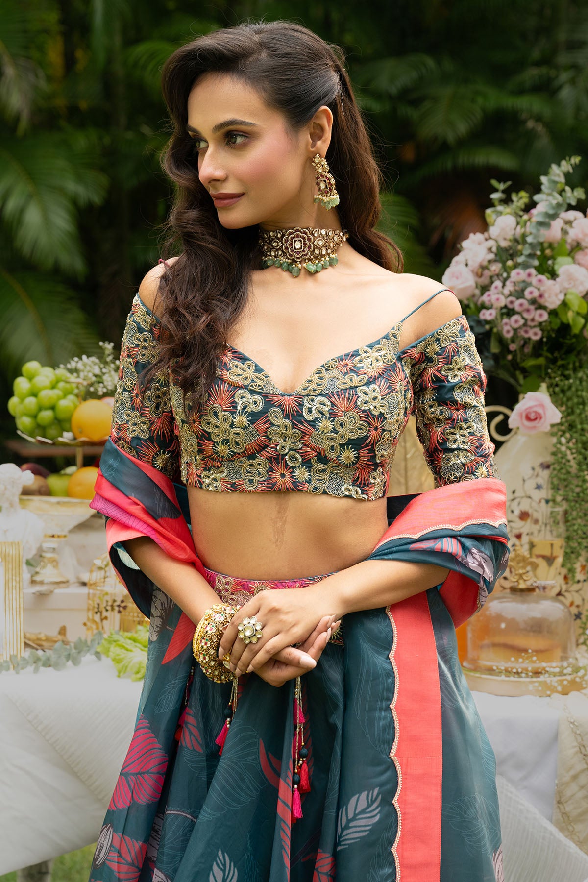 Teal Organza Floral Lehenga Set