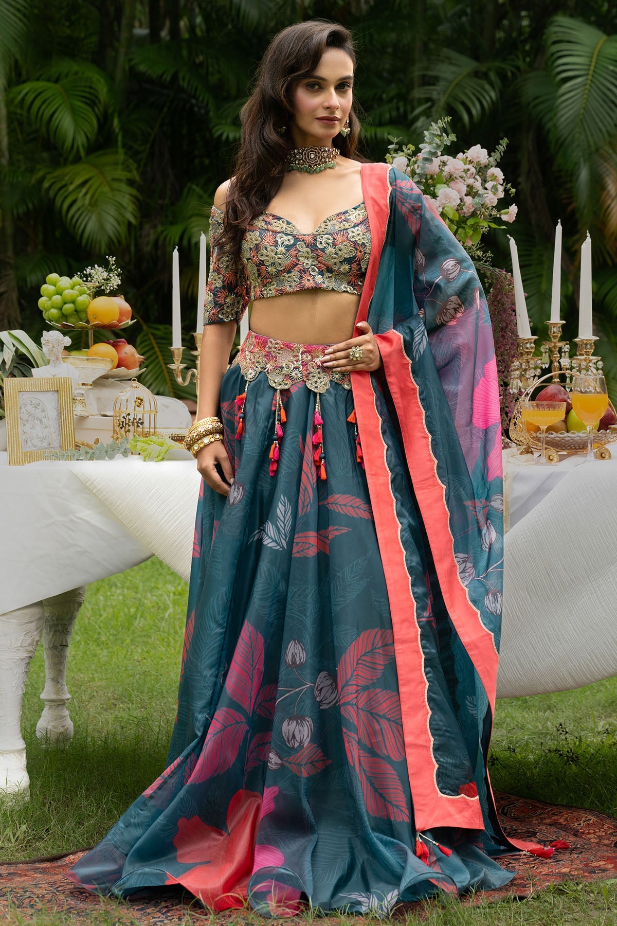 Buy Teal Organza Floral Lehenga Set for women by Paarsh Atelier online available at scrollnshops
