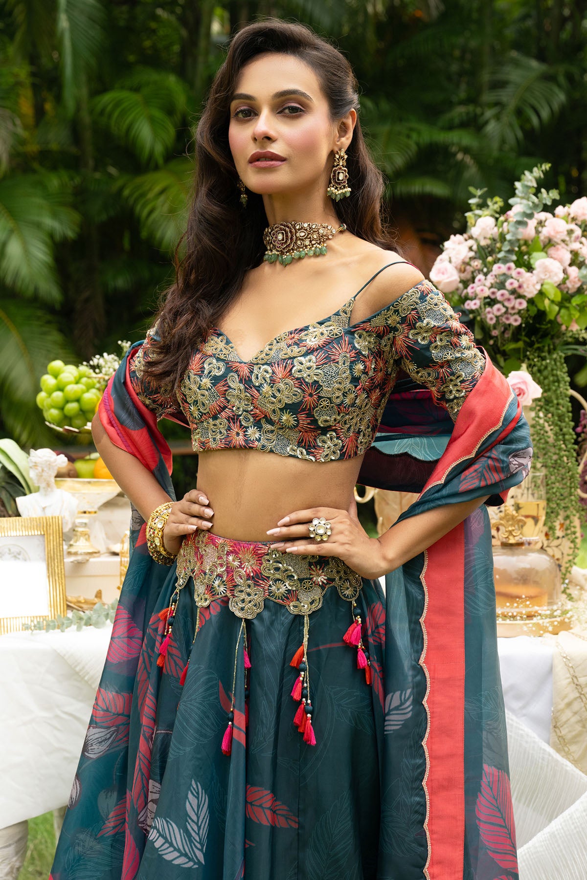 Teal Organza Floral Lehenga Set