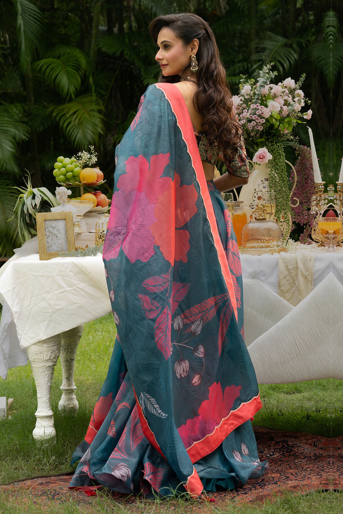 Teal Organza Floral Lehenga Set