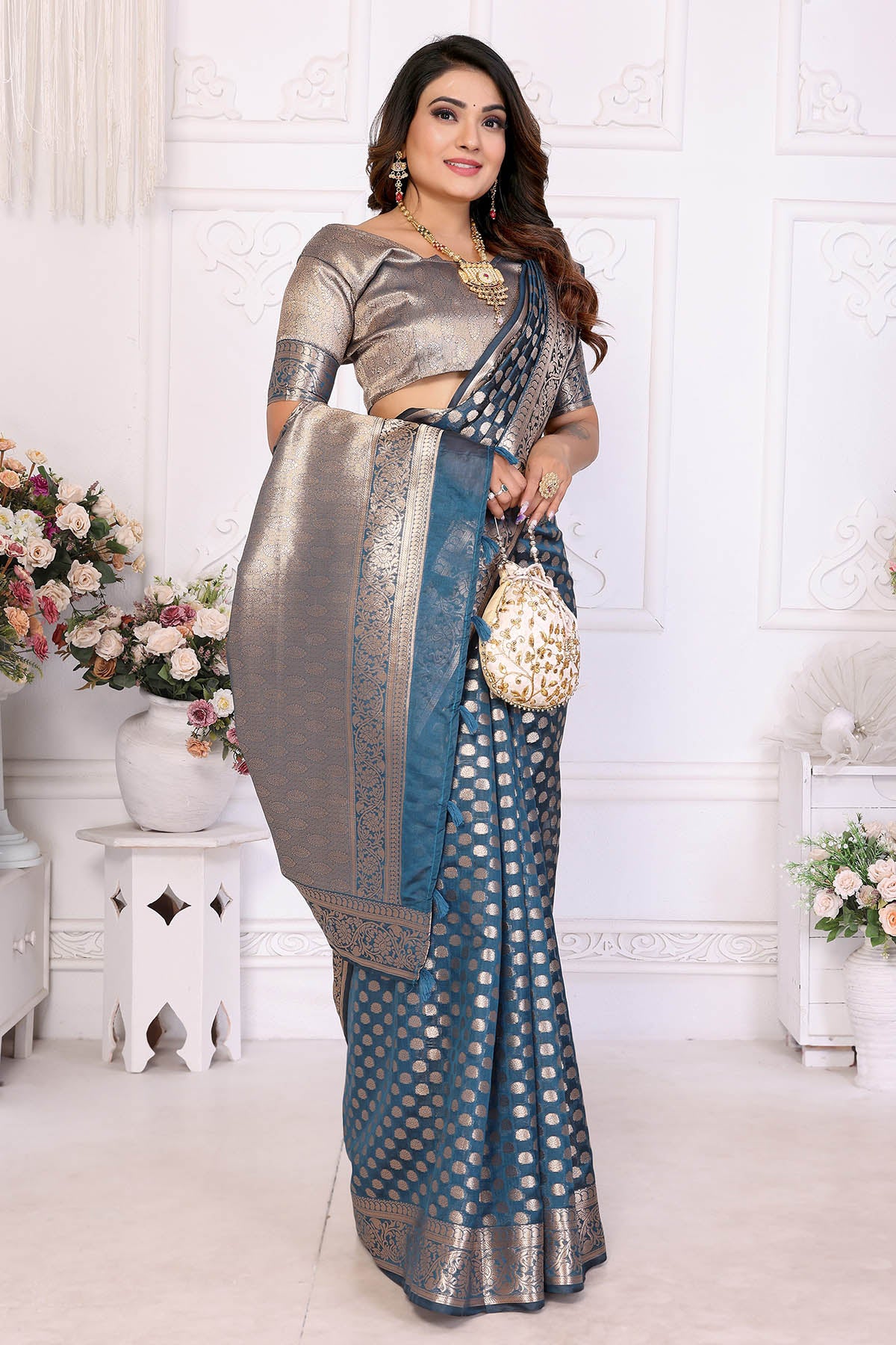 Teal Organza Silk Fancy Saree