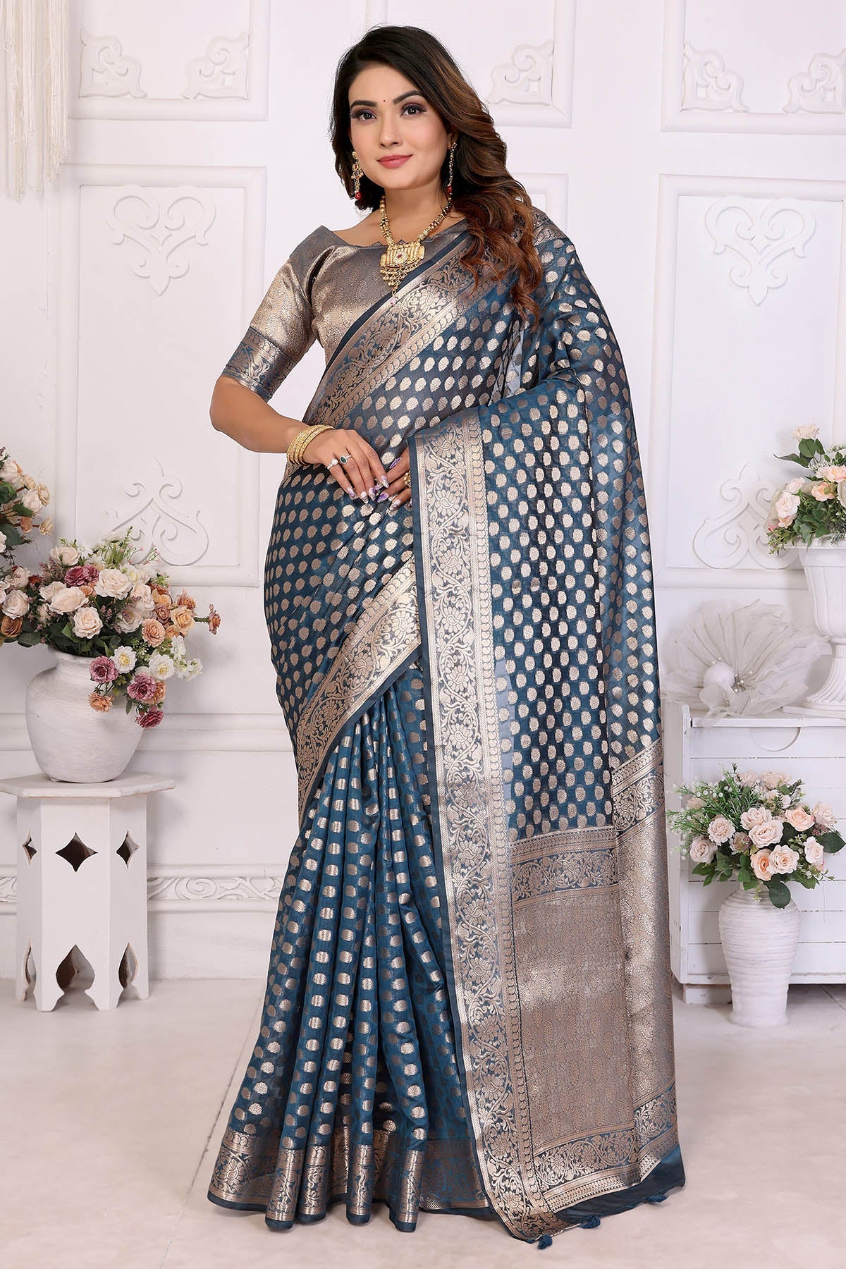 Buy Teal Organza Silk Fancy Saree for women by Aastha Fashion online available at scrollnshops