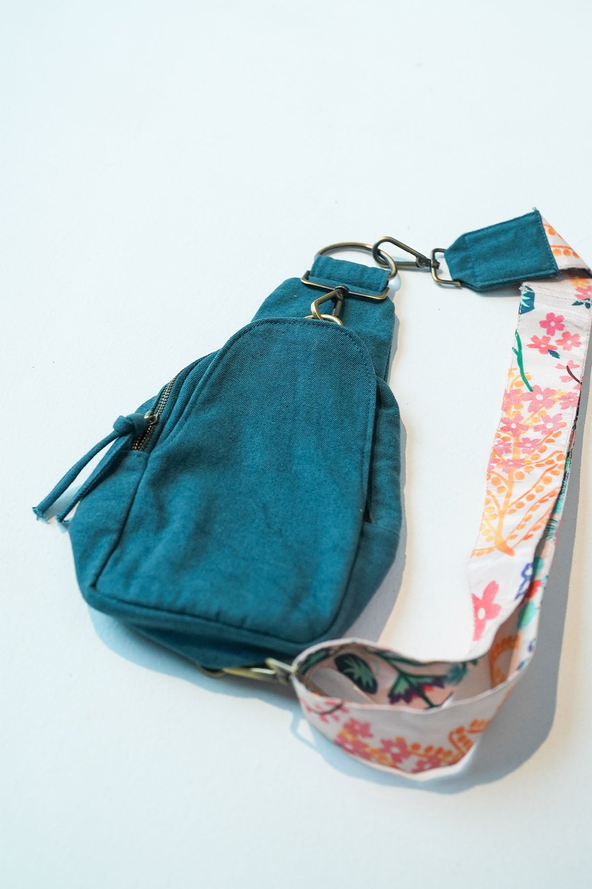 Teal Print Crossbody Canvas Bag