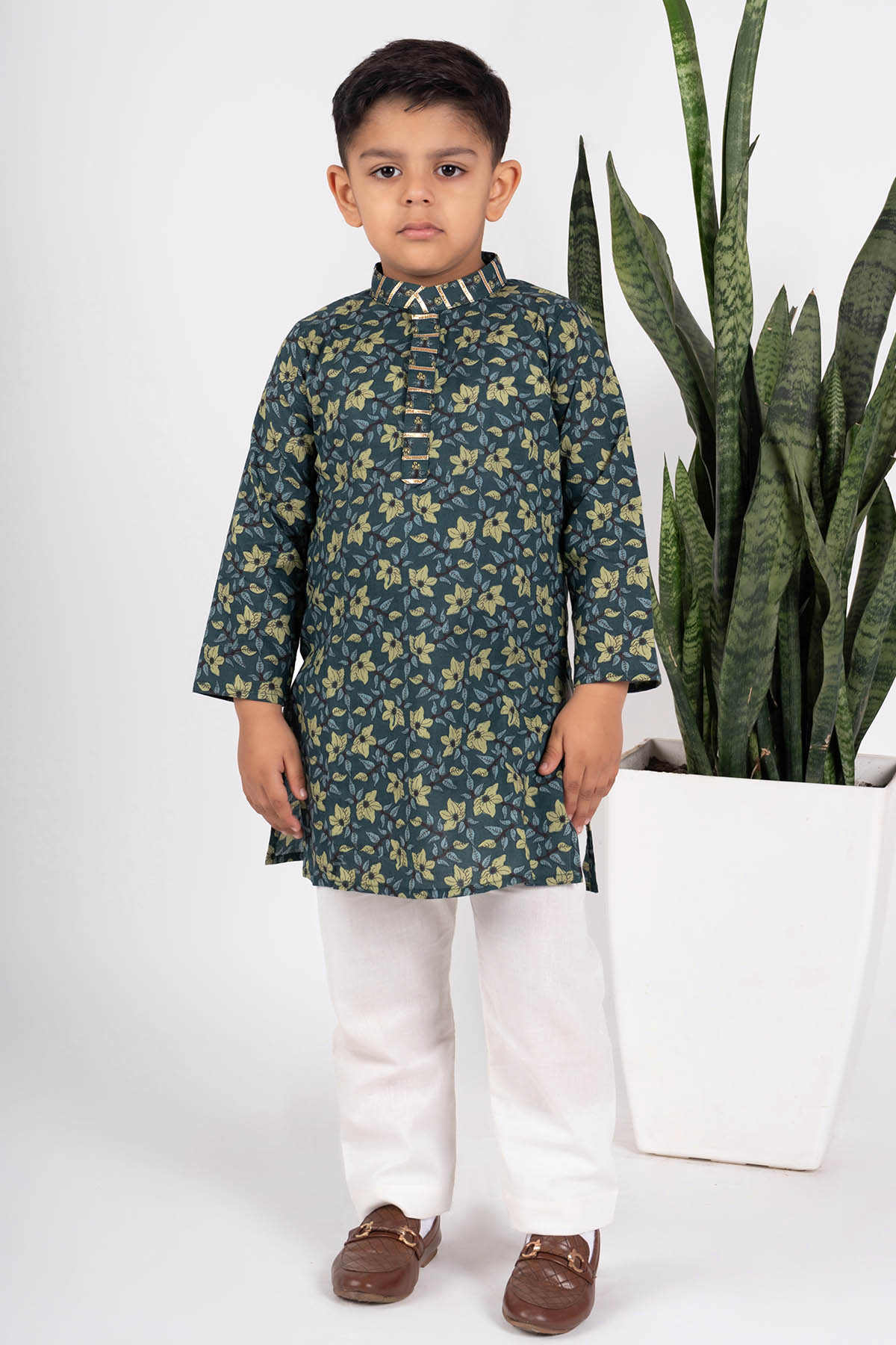 Buy Teal Printed Cotton Kurta Set by ViYa for Boys online at ScrollnShops