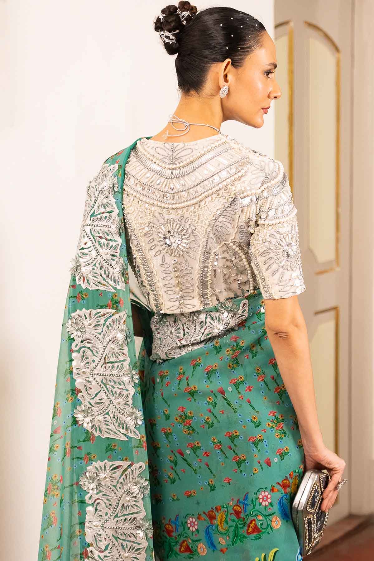 Teal Printed Embroidered Saree