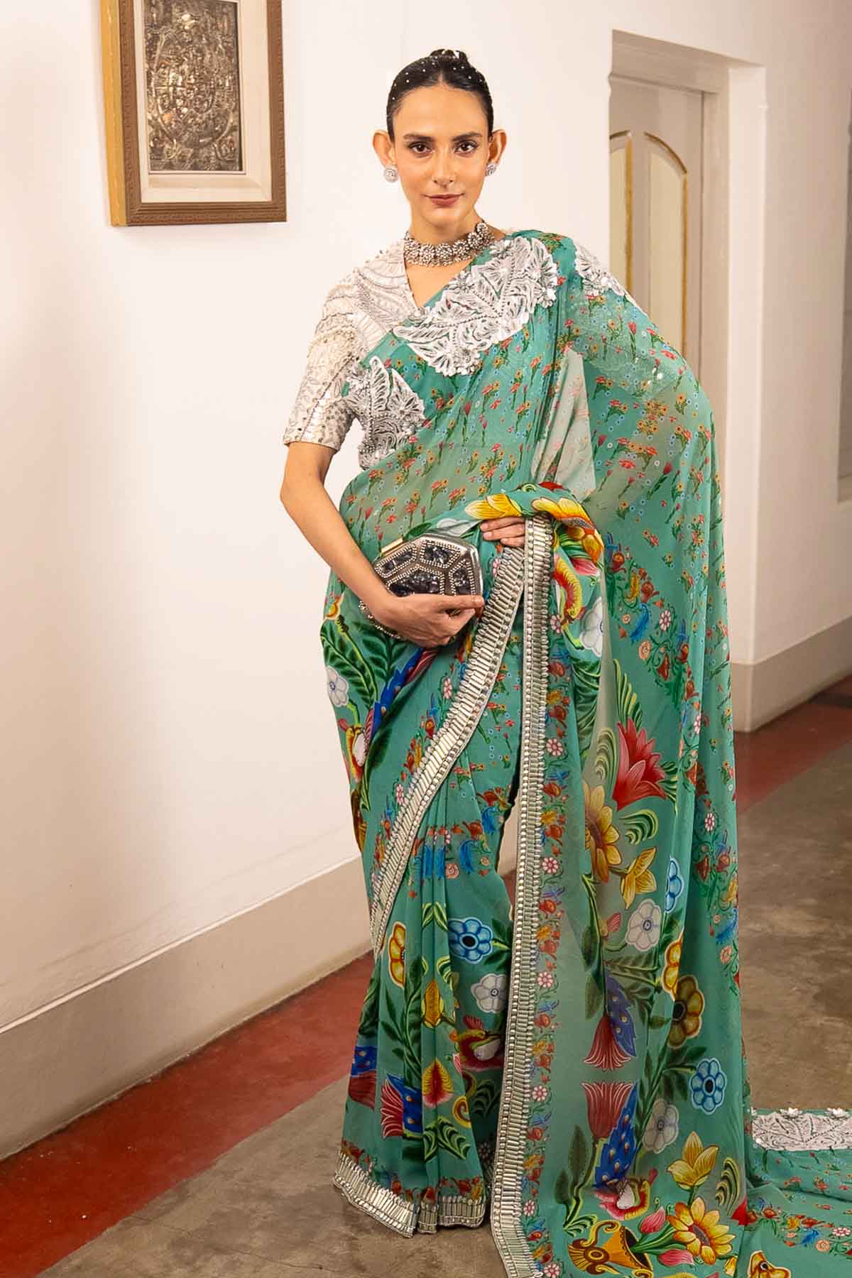 Buy Teal Printed Embroidered Saree by Saksham Neharicka for women online at ScrollnShops