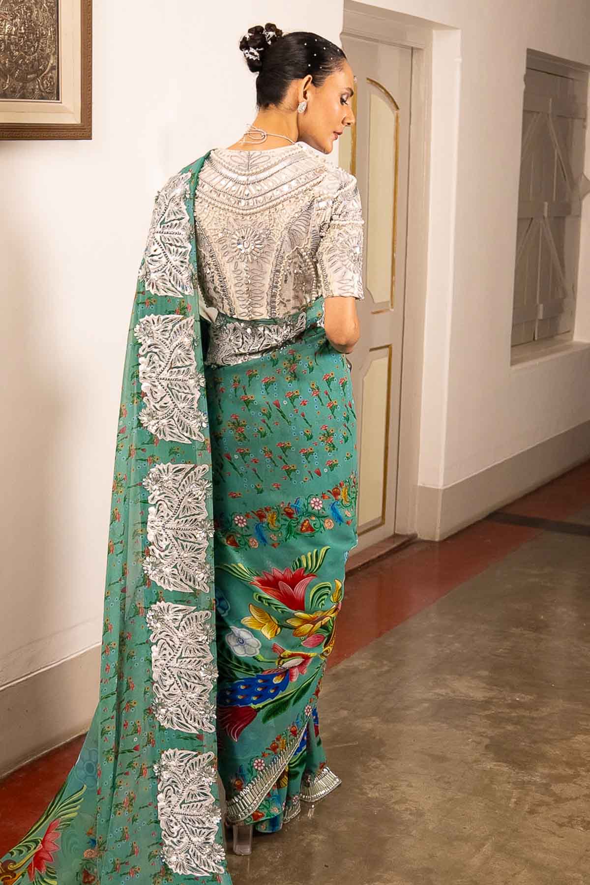 Teal Printed Embroidered Saree