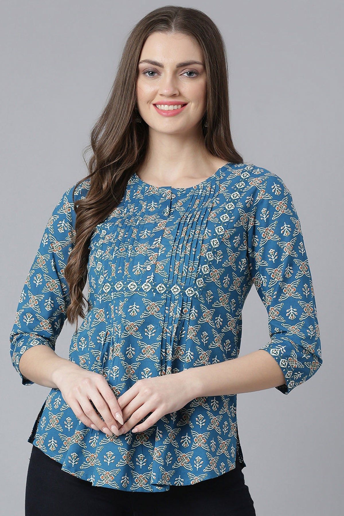 Buy Teal Printed Motifs Pintuck Top for Women by Qomn Designer online available at scrollnshops