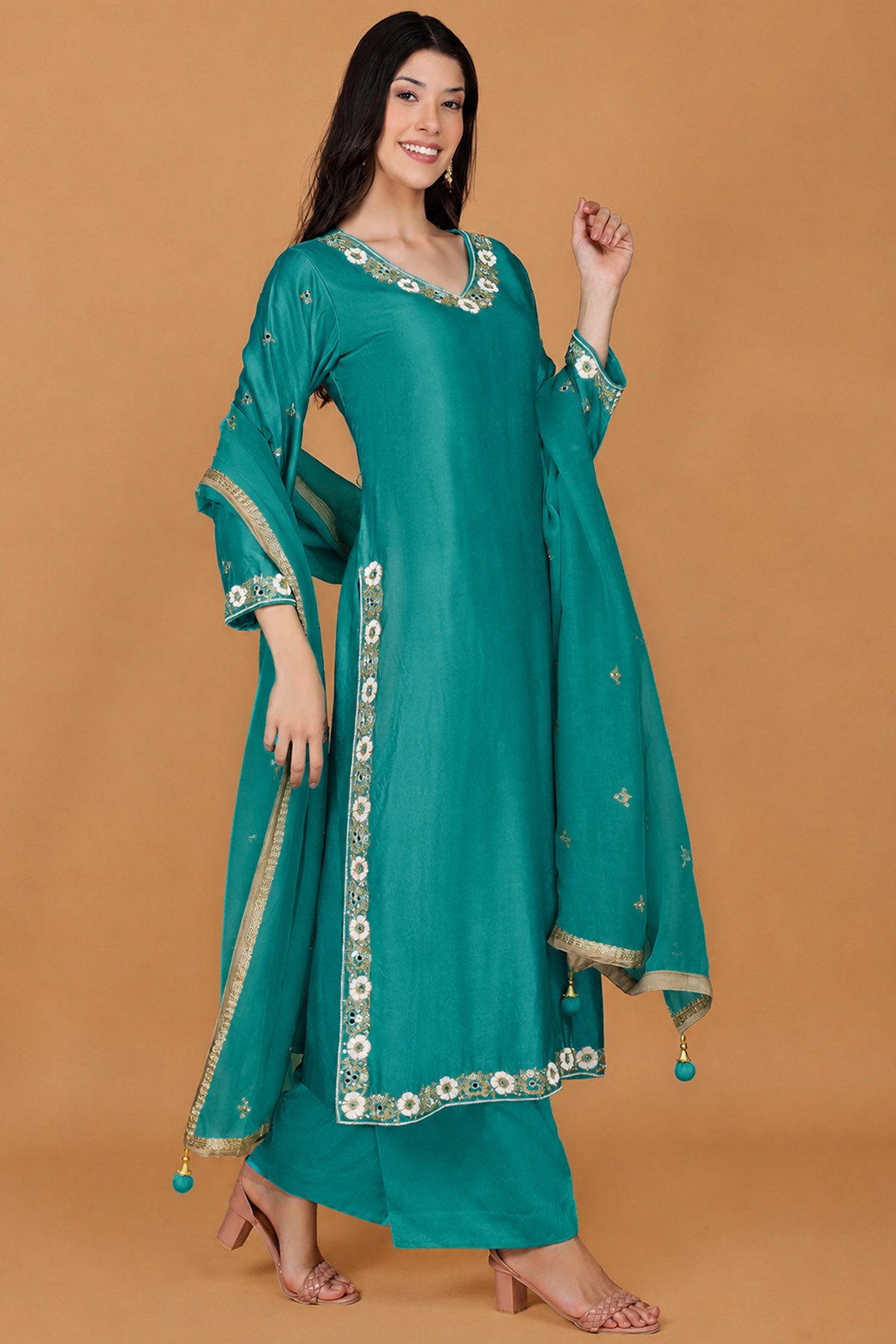Teal Self Katan Silk Kurta Set