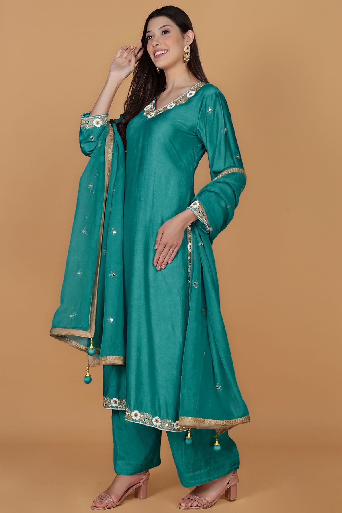 Teal Self Katan Silk Kurta Set