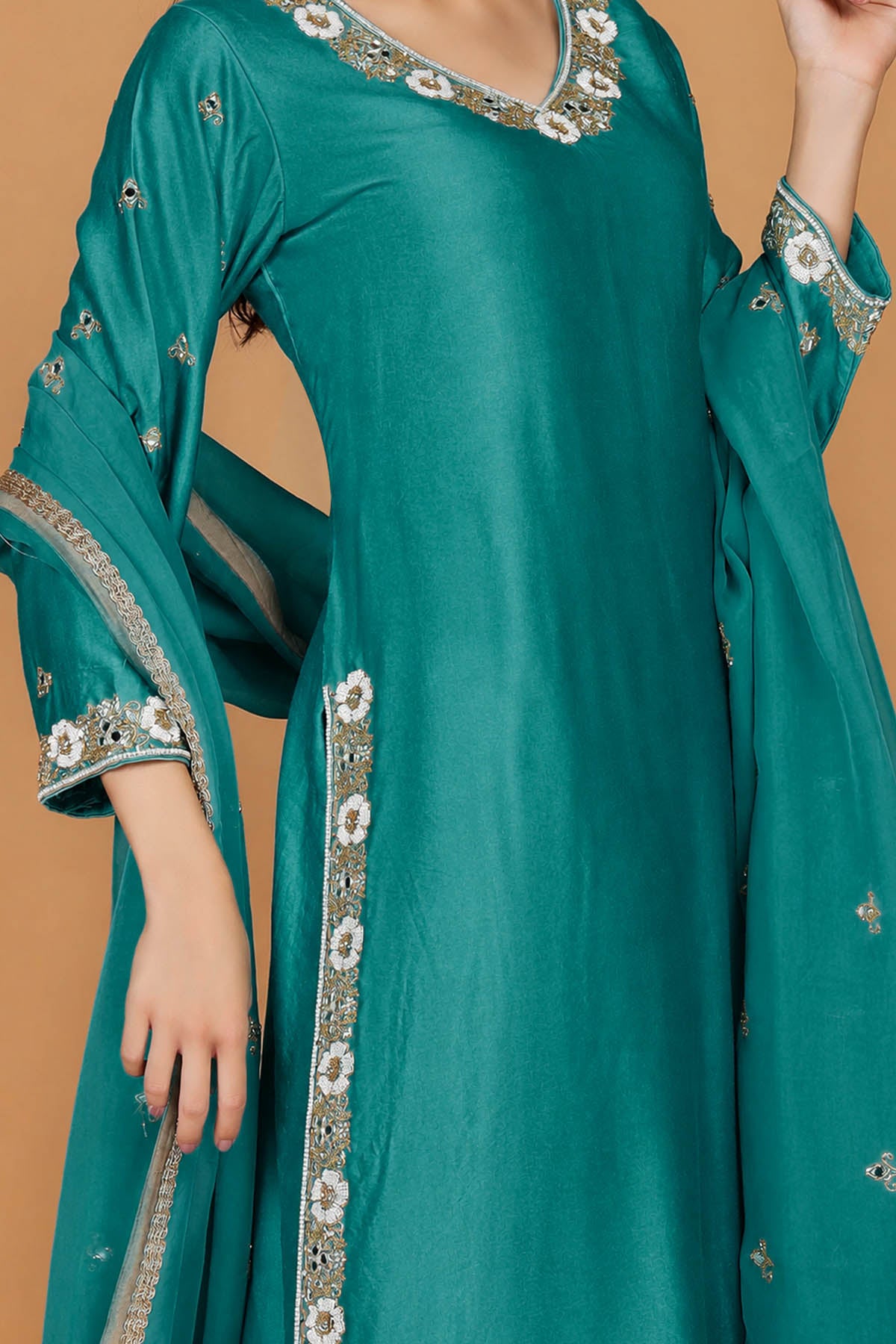 Teal Self Katan Silk Kurta Set