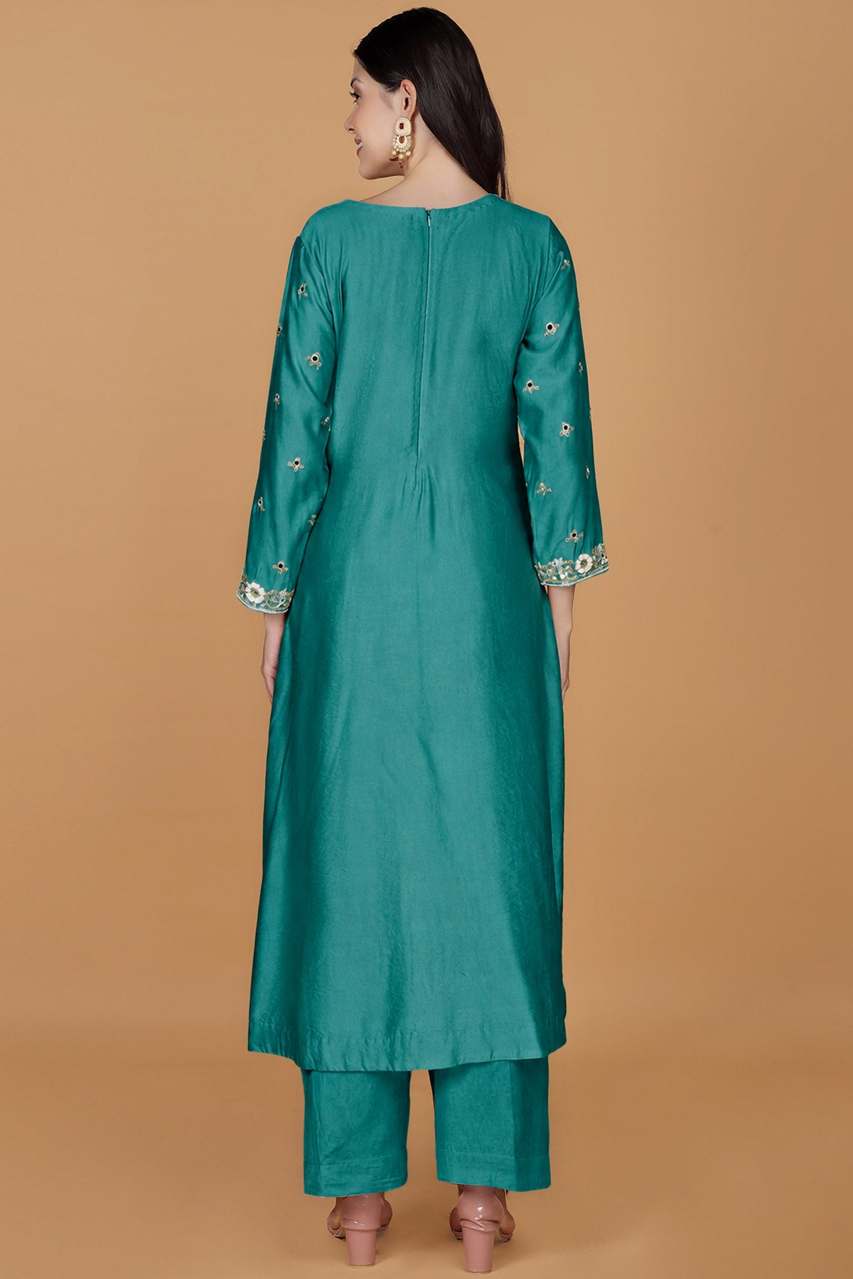 Teal Self Katan Silk Kurta Set