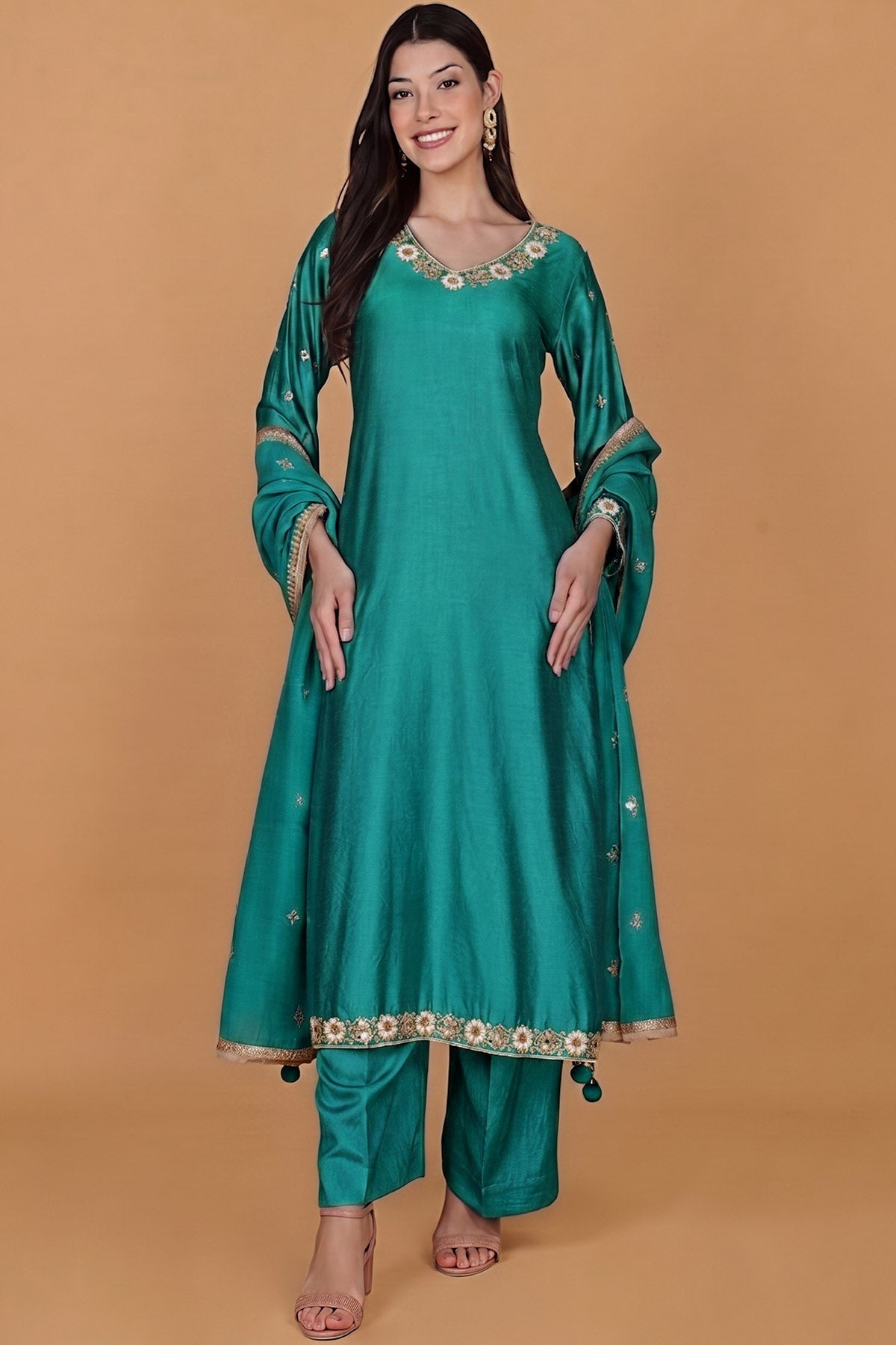 Buy Teal Self Katan Silk Kurta Set for women by Milu Madan online available at scrollnshops