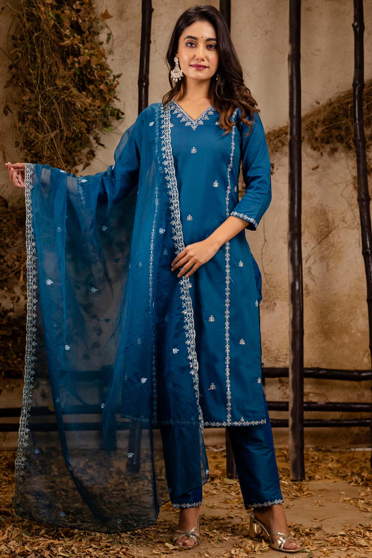 Buy Teal Silk Embroidery Kurta Set for women by Aastha Fashion online available at scrollnshops