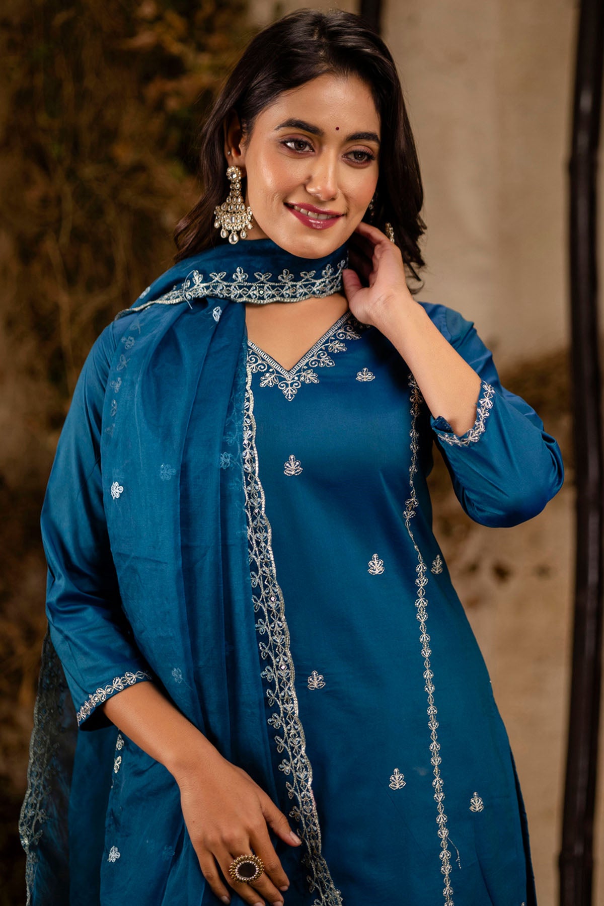 Teal Silk Embroidery Kurta Set