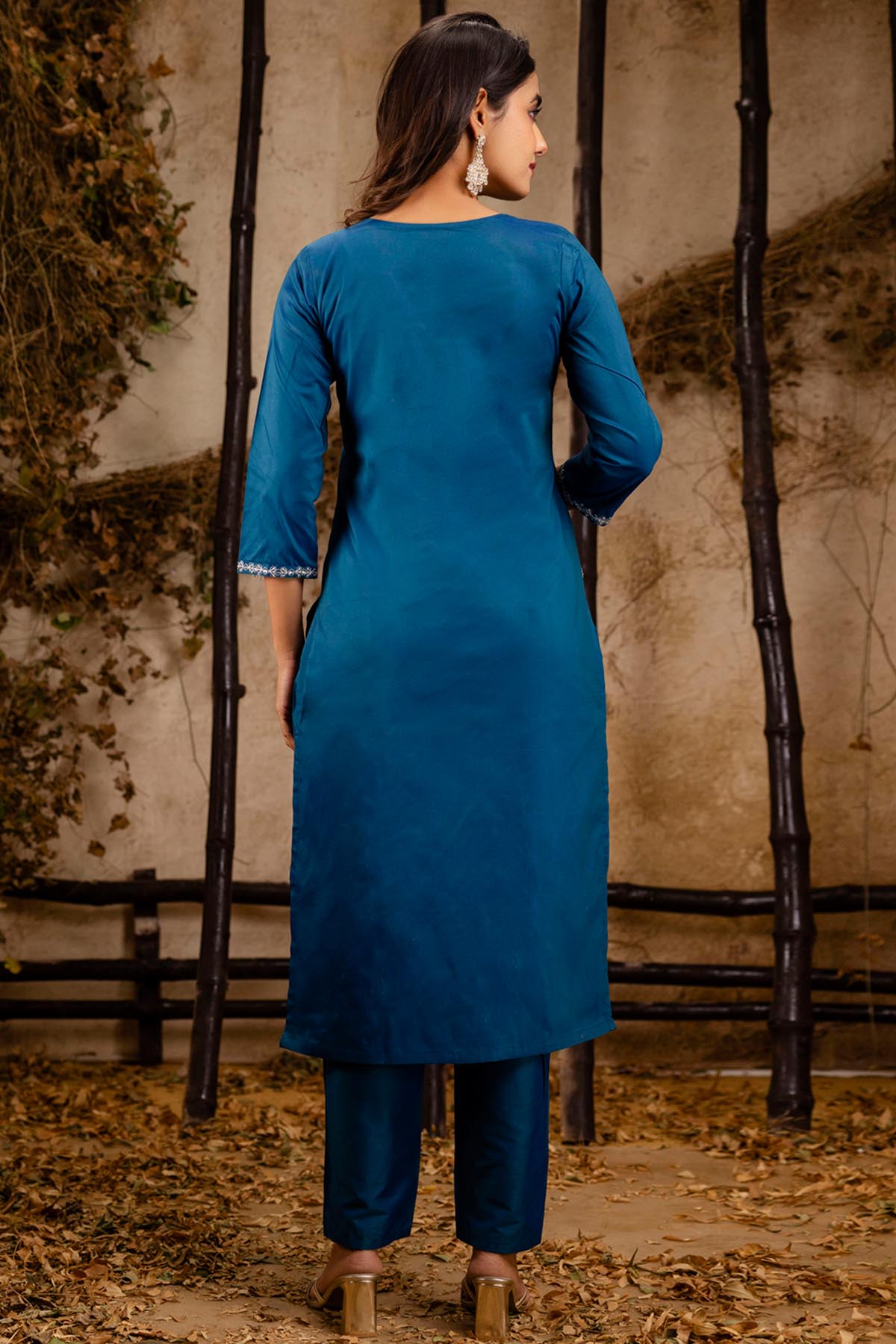 Teal Silk Embroidery Kurta Set