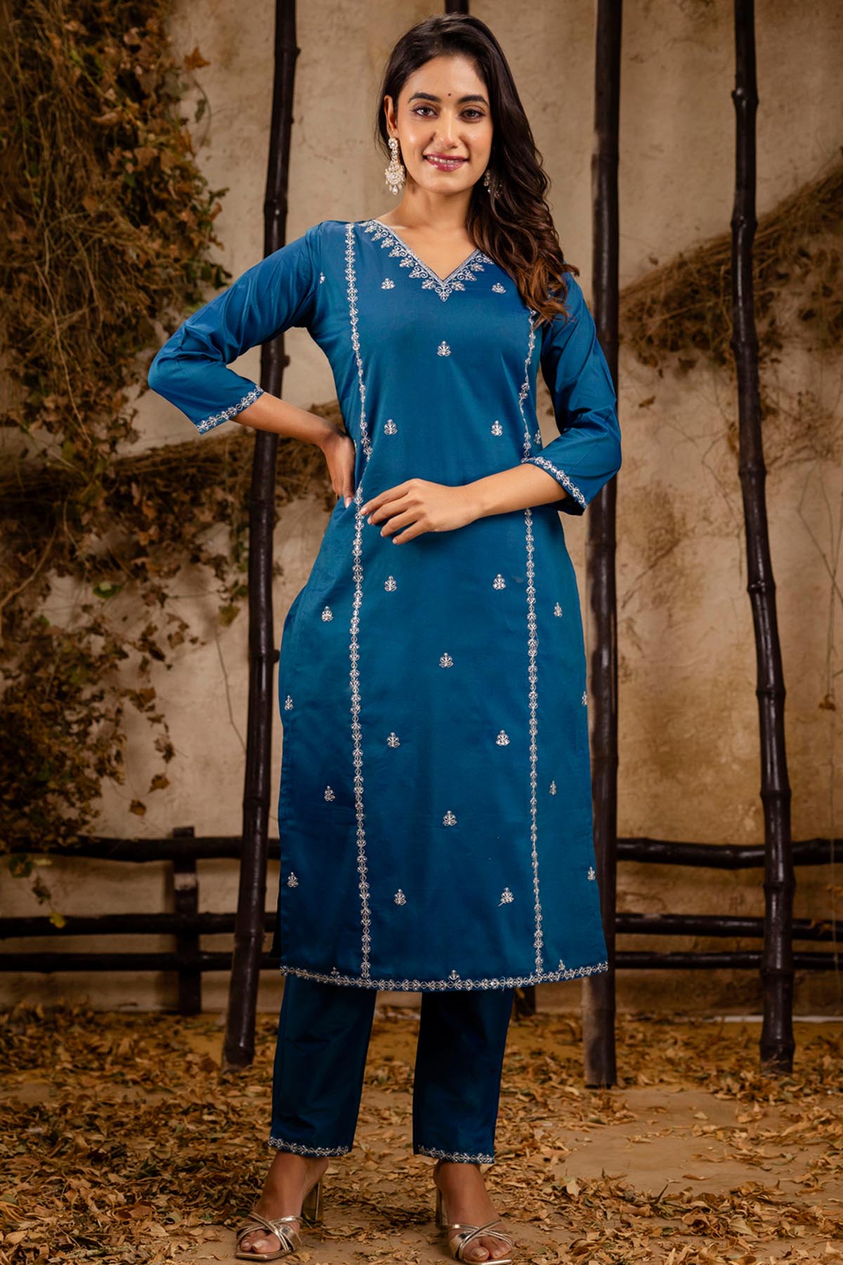Teal Silk Embroidery Kurta Set