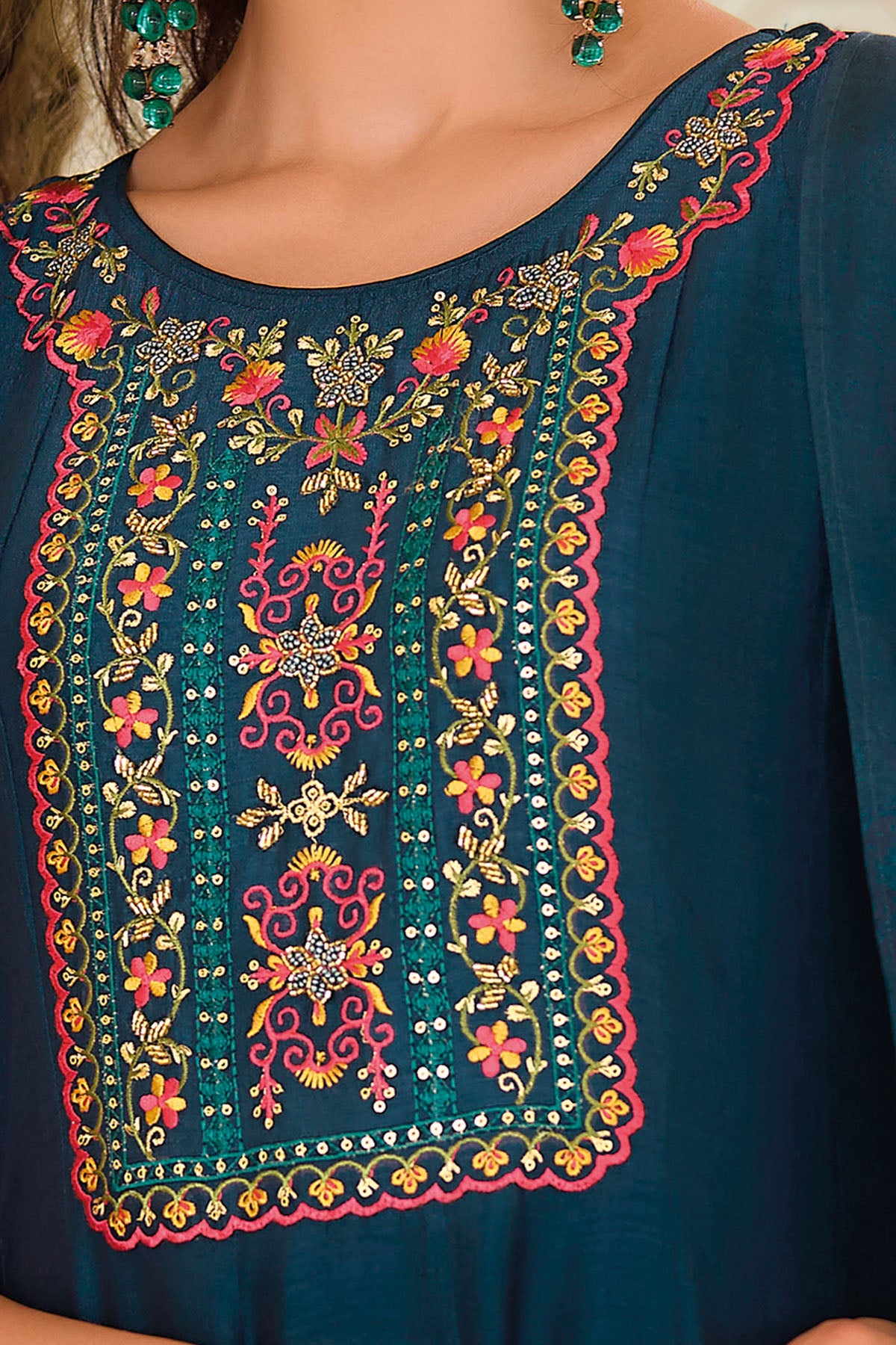 Teal Silk Floral Yoke Kurta Set